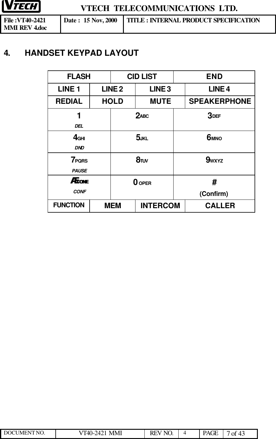  VTECH  TELECOMMUNICATIONS  LTD.  File :VT40-2421 MMI REV 4.doc Date :  15 Nov, 2000 TITLE : INTERNAL PRODUCT SPECIFICATION  DOCUMENT NO. VT40-2421 MMI   REV NO.  4  PAGE 7 of 43  4. HANDSET KEYPAD LAYOUT  FLASH CID LIST END LINE 1  LINE 2 LINE 3 LINE 4 REDIAL HOLD MUTE SPEAKERPHONE 1 DEL 2ABC 3DEF 4GHI DND 5JKL 6MNO 7PQRS PAUSE 8TUV  9WXYZ ÆÆTONETONE CONF 0 OPER # (Confirm) FUNCTION MEM INTERCOM CALLER 