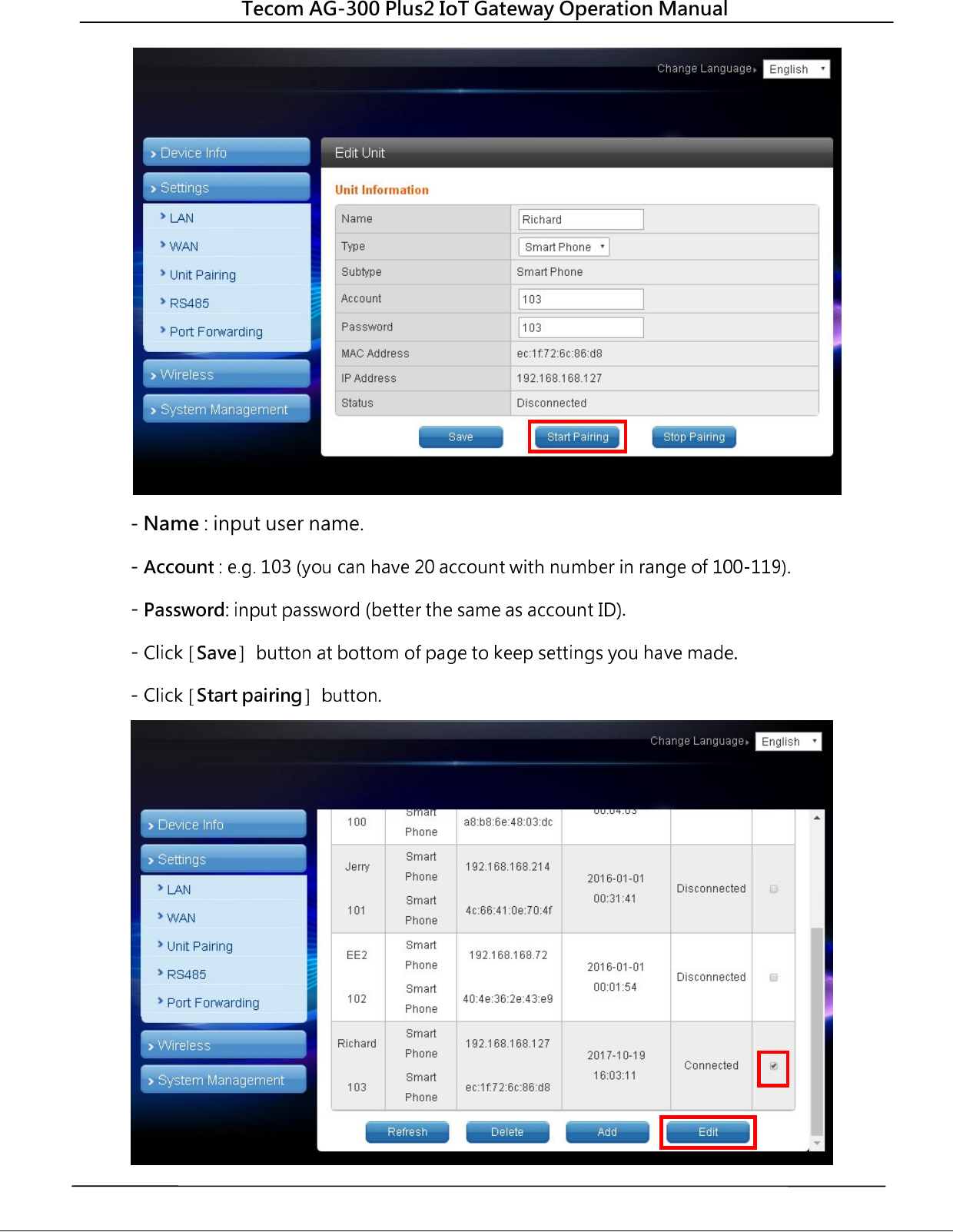  Tecom AG-300 Plus2 IoT Gateway Operation Manual    - Name : input user name. -  . -  . -  [ ] -  [ ]  .  
