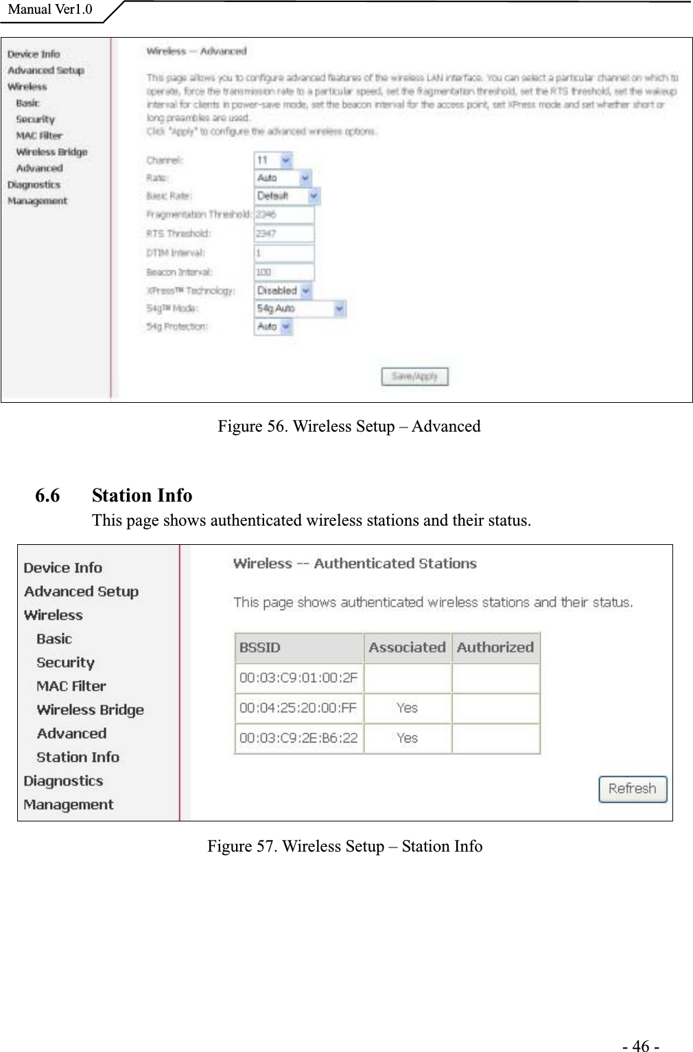  Manual Ver1.0Figure 56. Wireless Setup – Advanced6.6 Station InfoThis page shows authenticated wireless stations and their status. Figure 57. Wireless Setup – Station Info                                                                      -46-