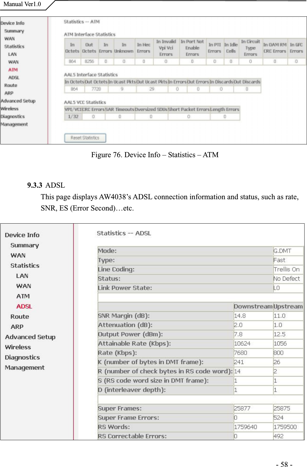  Manual Ver1.0Figure 76. Device Info – Statistics – ATM9.3.3 ADSLThis page displays AW4038’s ADSL connection information and status, such as rate, SNR, ES (Error Second)…etc.                                                                     -58-