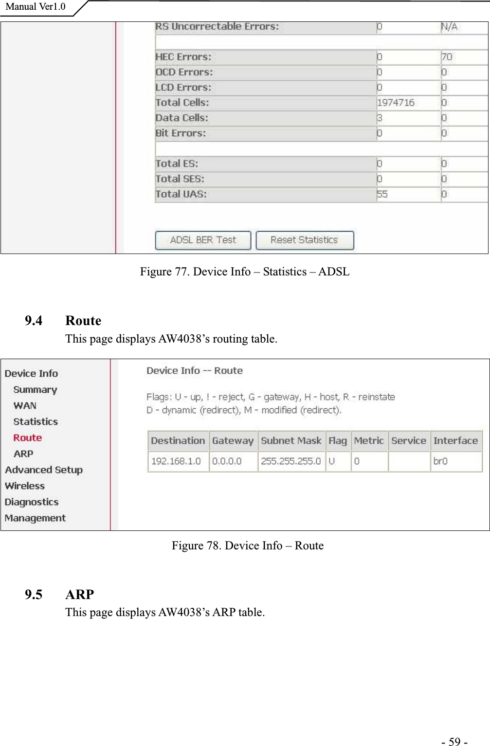  Manual Ver1.0Figure 77. Device Info – Statistics – ADSL9.4 Route This page displays AW4038’s routing table. Figure 78. Device Info – Route 9.5 ARP This page displays AW4038’s ARP table.                                                                      -59-