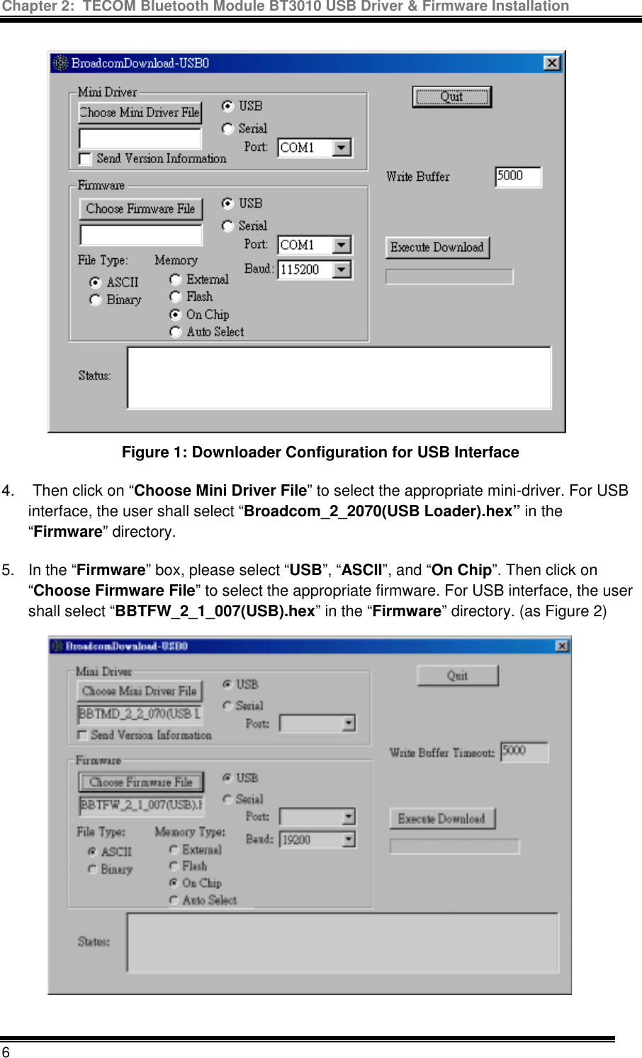 Chapter 2:  TECOM Bluetooth Module BT3010 USB Driver &amp; Firmware Installation  6  Figure 1: Downloader Configuration for USB Interface 4.   Then click on “Choose Mini Driver File” to select the appropriate mini-driver. For USB interface, the user shall select “Broadcom_2_2070(USB Loader).hex” in the “Firmware” directory. 5.  In the “Firmware” box, please select “USB”, “ASCII”, and “On Chip”. Then click on “Choose Firmware File” to select the appropriate firmware. For USB interface, the user shall select “BBTFW_2_1_007(USB).hex” in the “Firmware” directory. (as Figure 2) 