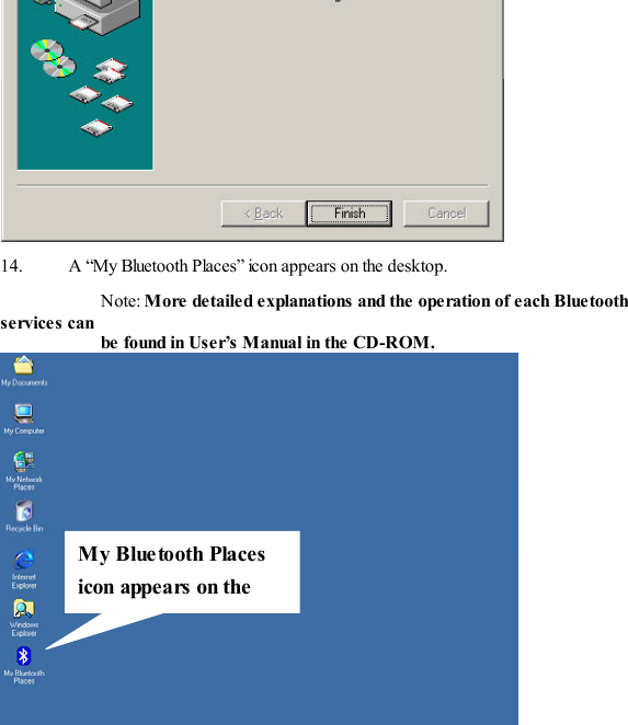  14.          A “My Bluetooth Places” icon appears on the desktop.              Note: More detailed explanations and the operation of each Bluetooth services can              be  found in Use r’s M anual in the CD-ROM. My Bluetooth Places icon appears on the  