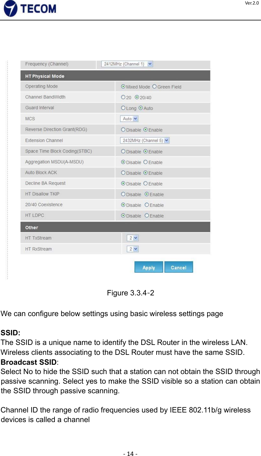  ‐14‐Ver.2.0      Figure 3.3.4‐2    We can configure below settings using basic wireless settings page    SSID:  The SSID is a unique name to identify the DSL Router in the wireless LAN.  Wireless clients associating to the DSL Router must have the same SSID.  Broadcast SSID:  Select No to hide the SSID such that a station can not obtain the SSID through passive scanning. Select yes to make the SSID visible so a station can obtain the SSID through passive scanning.    Channel ID the range of radio frequencies used by IEEE 802.11b/g wireless devices is called a channel     