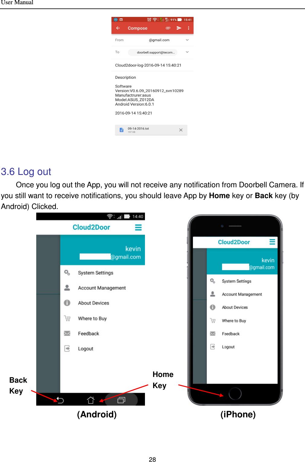 User Manual 28    3.6 Log out         Once you log out the App, you will not receive any notification from Doorbell Camera. If you still want to receive notifications, you should leave App by Home key or Back key (by Android) Clicked.                  (Android) (iPhone)     Home      Key Back  Key 