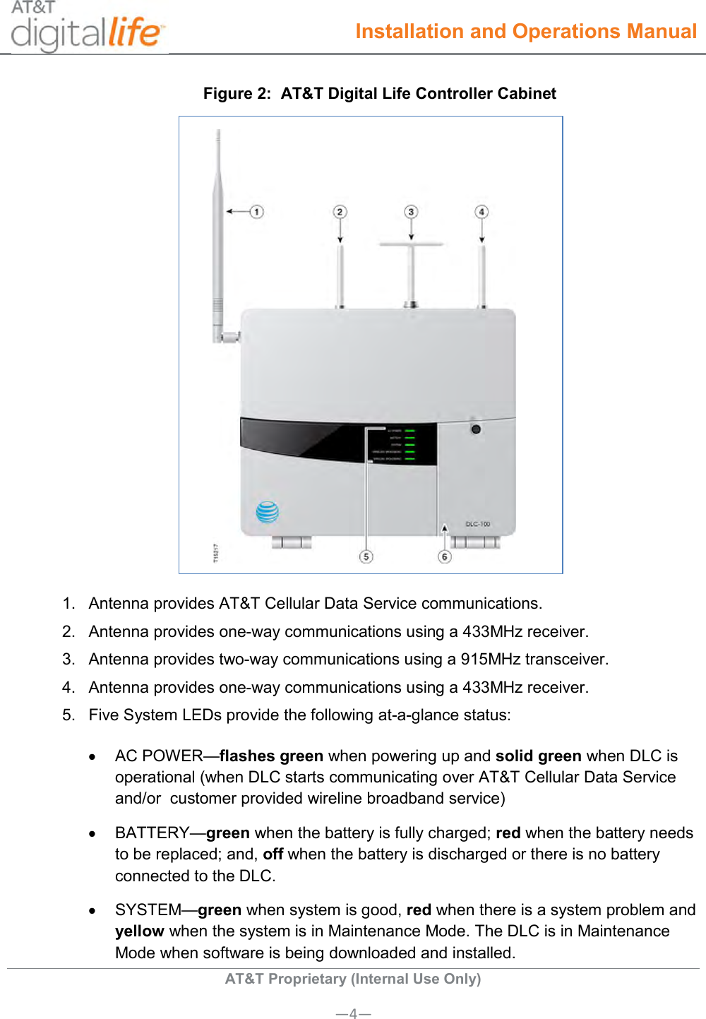  Installation and Operations Manual  AT&amp;T Proprietary (Internal Use Only) —4— Figure 2:  AT&amp;T Digital Life Controller Cabinet  1.  Antenna provides AT&amp;T Cellular Data Service communications. 2.  Antenna provides one-way communications using a 433MHz receiver. 3.  Antenna provides two-way communications using a 915MHz transceiver.            4.  Antenna provides one-way communications using a 433MHz receiver. 5.  Five System LEDs provide the following at-a-glance status:   AC POWER—flashes green when powering up and solid green when DLC is operational (when DLC starts communicating over AT&amp;T Cellular Data Service and/or  customer provided wireline broadband service)   BATTERY—green when the battery is fully charged; red when the battery needs to be replaced; and, off when the battery is discharged or there is no battery connected to the DLC.   SYSTEM—green when system is good, red when there is a system problem and yellow when the system is in Maintenance Mode. The DLC is in Maintenance Mode when software is being downloaded and installed. 