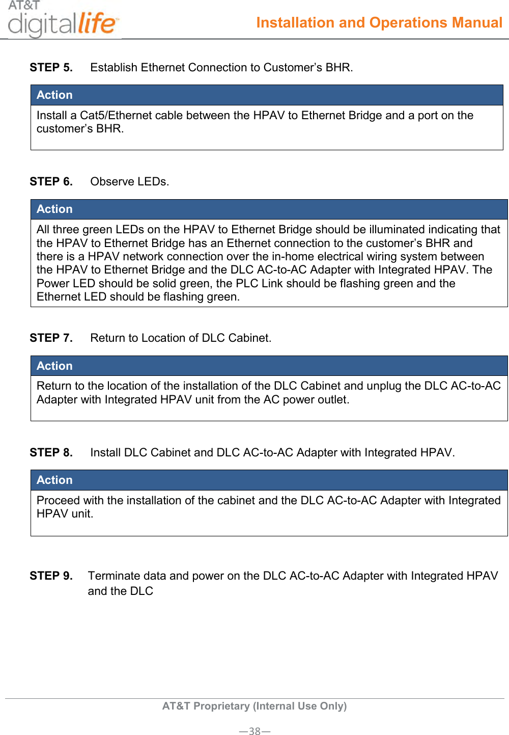  Installation and Operations Manual  AT&amp;T Proprietary (Internal Use Only) —38— STEP 5.  Establish Ethernet Connection to Customer’s BHR. Action Install a Cat5/Ethernet cable between the HPAV to Ethernet Bridge and a port on the customer’s BHR.  STEP 6.  Observe LEDs. Action All three green LEDs on the HPAV to Ethernet Bridge should be illuminated indicating that the HPAV to Ethernet Bridge has an Ethernet connection to the customer’s BHR and there is a HPAV network connection over the in-home electrical wiring system between the HPAV to Ethernet Bridge and the DLC AC-to-AC Adapter with Integrated HPAV. The Power LED should be solid green, the PLC Link should be flashing green and the Ethernet LED should be flashing green.  STEP 7.  Return to Location of DLC Cabinet.  Action Return to the location of the installation of the DLC Cabinet and unplug the DLC AC-to-AC Adapter with Integrated HPAV unit from the AC power outlet.  STEP 8.  Install DLC Cabinet and DLC AC-to-AC Adapter with Integrated HPAV. Action Proceed with the installation of the cabinet and the DLC AC-to-AC Adapter with Integrated HPAV unit.  STEP 9.  Terminate data and power on the DLC AC-to-AC Adapter with Integrated HPAV and the DLC   