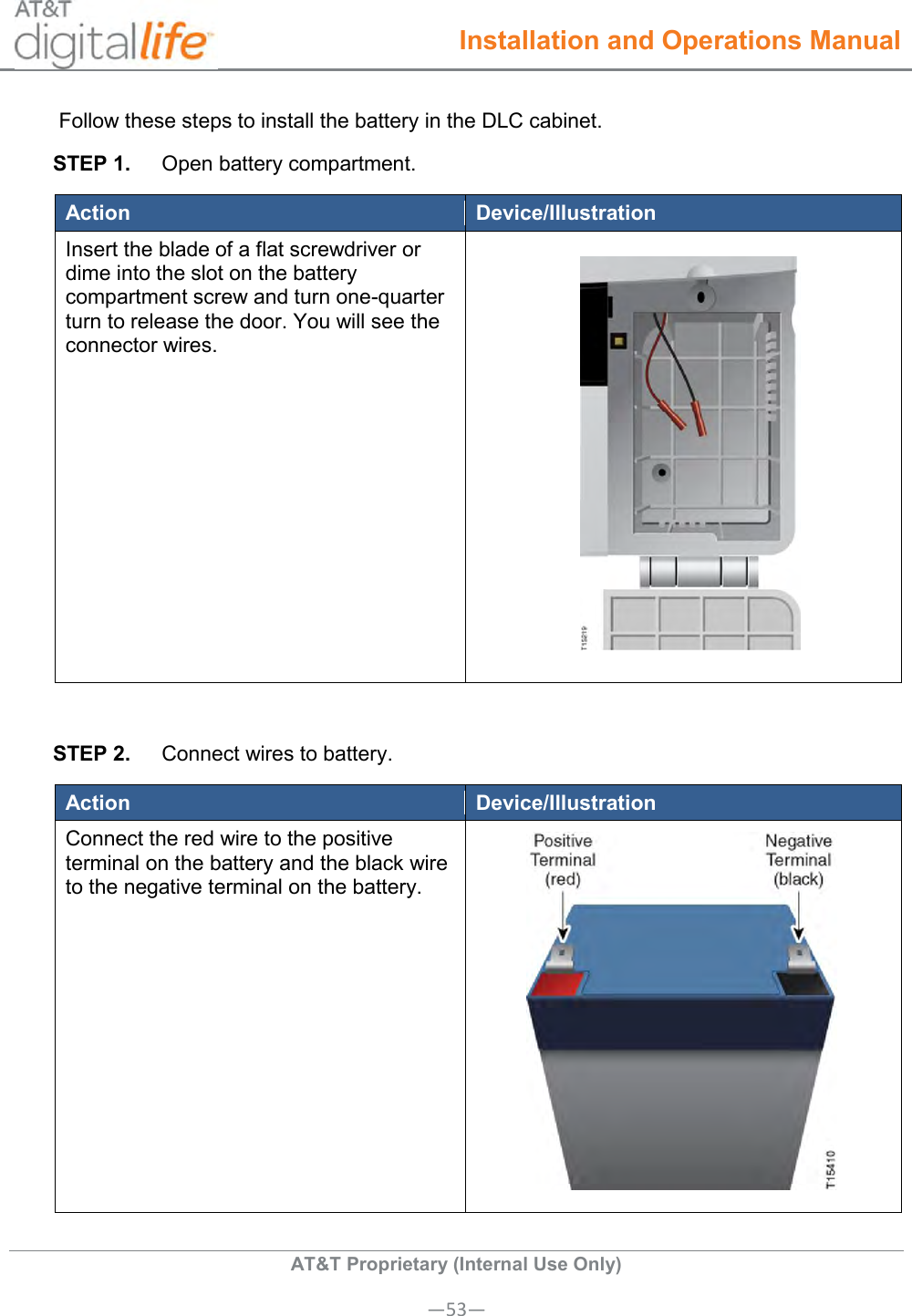  Installation and Operations Manual  AT&amp;T Proprietary (Internal Use Only) —53—  Follow these steps to install the battery in the DLC cabinet. STEP 1.  Open battery compartment. Action Device/Illustration Insert the blade of a flat screwdriver or dime into the slot on the battery compartment screw and turn one-quarter turn to release the door. You will see the connector wires.   STEP 2.  Connect wires to battery. Action Device/Illustration Connect the red wire to the positive terminal on the battery and the black wire to the negative terminal on the battery.   