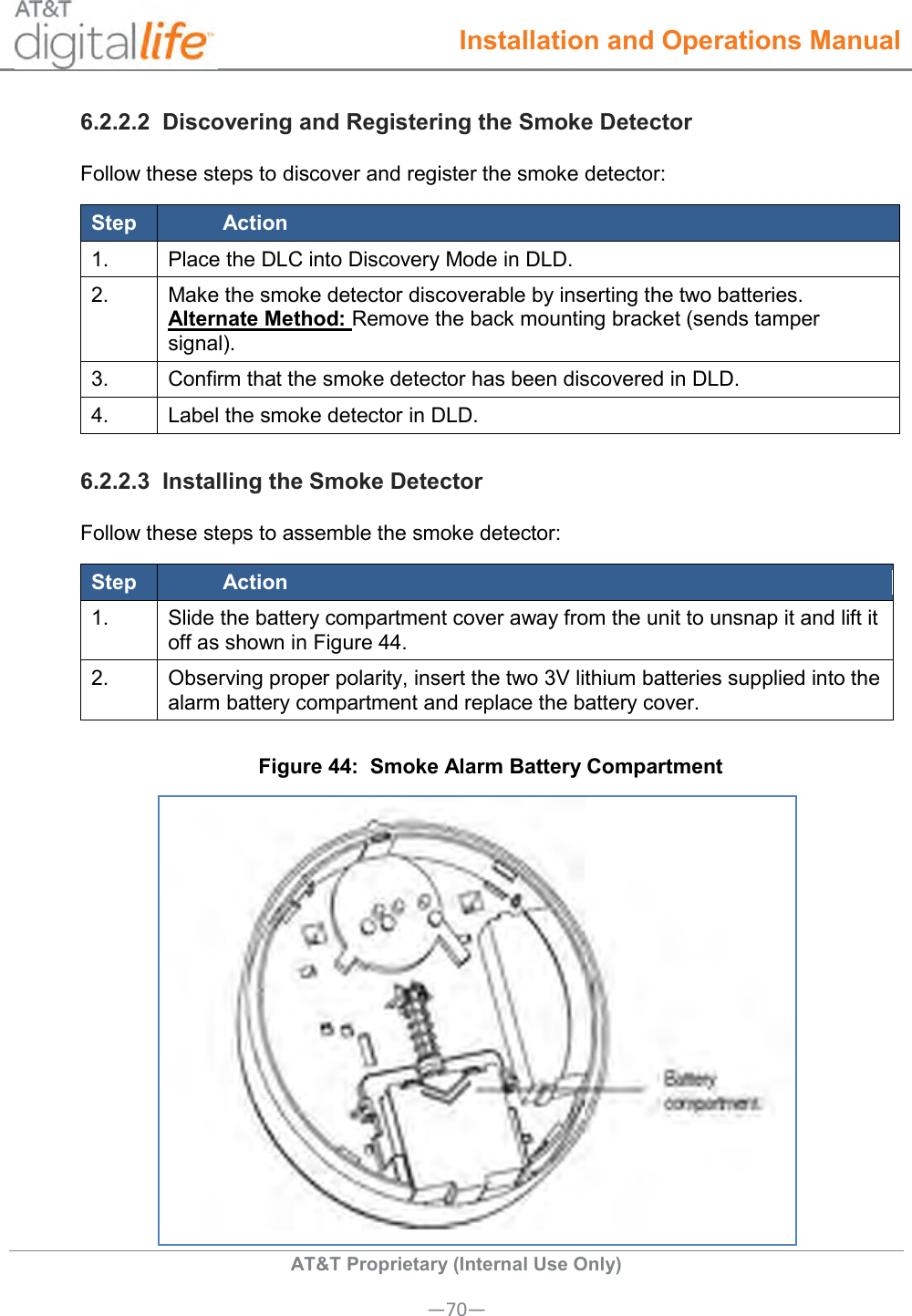  Installation and Operations Manual  AT&amp;T Proprietary (Internal Use Only) —70— 6.2.2.2  Discovering and Registering the Smoke Detector Follow these steps to discover and register the smoke detector: Step Action 1. Place the DLC into Discovery Mode in DLD. 2.  Make the smoke detector discoverable by inserting the two batteries. Alternate Method: Remove the back mounting bracket (sends tamper signal). 3. Confirm that the smoke detector has been discovered in DLD. 4. Label the smoke detector in DLD. 6.2.2.3  Installing the Smoke Detector Follow these steps to assemble the smoke detector: Step Action 1. Slide the battery compartment cover away from the unit to unsnap it and lift it off as shown in Figure 44. 2. Observing proper polarity, insert the two 3V lithium batteries supplied into the alarm battery compartment and replace the battery cover. Figure 44:  Smoke Alarm Battery Compartment  