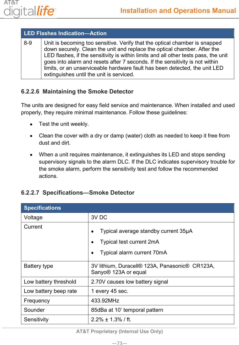  Installation and Operations Manual  AT&amp;T Proprietary (Internal Use Only) —73— LED Flashes Indication—Action 8-9 Unit is becoming too sensitive. Verify that the optical chamber is snapped down securely. Clean the unit and replace the optical chamber. After the LED flashes, if the sensitivity is within limits and all other tests pass, the unit goes into alarm and resets after 7 seconds. If the sensitivity is not within limits, or an unserviceable hardware fault has been detected, the unit LED extinguishes until the unit is serviced. 6.2.2.6  Maintaining the Smoke Detector The units are designed for easy field service and maintenance. When installed and used properly, they require minimal maintenance. Follow these guidelines:   Test the unit weekly.   Clean the cover with a dry or damp (water) cloth as needed to keep it free from dust and dirt.   When a unit requires maintenance, it extinguishes its LED and stops sending supervisory signals to the alarm DLC. If the DLC indicates supervisory trouble for the smoke alarm, perform the sensitivity test and follow the recommended actions. 6.2.2.7  Specifications—Smoke Detector Specifications Voltage  3V DC Current   Typical average standby current 35μA   Typical test current 2mA   Typical alarm current 70mA Battery type 3V lithium, Duracell® 123A, Panasonic®  CR123A, Sanyo® 123A or equal Low battery threshold 2.70V causes low battery signal Low battery beep rate 1 every 45 sec. Frequency 433.92MHz Sounder 85dBa at 10’ temporal pattern Sensitivity 2.2% ± 1.3% / ft. 