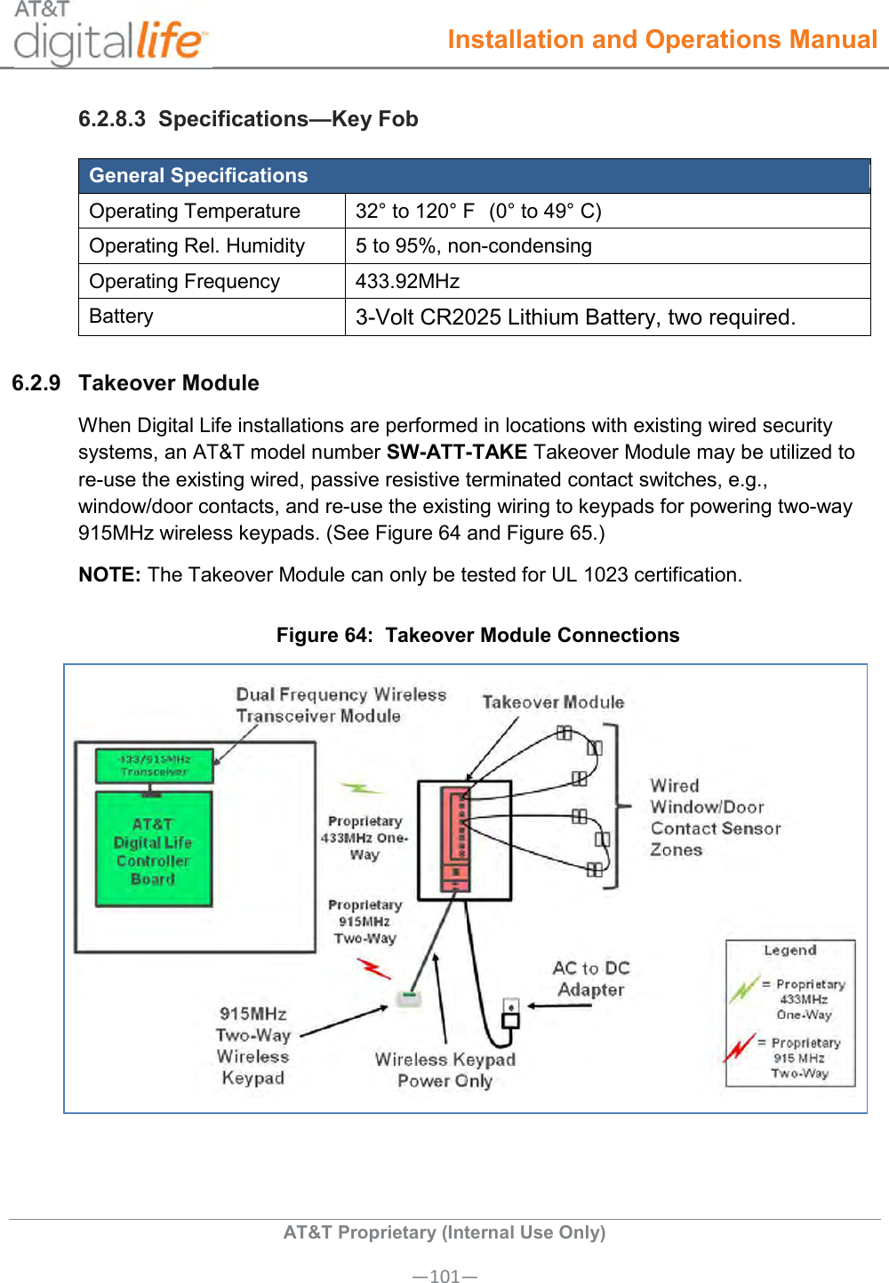  Installation and Operations Manual  AT&amp;T Proprietary (Internal Use Only) —101— 6.2.8.3  Specifications—Key Fob General Specifications Operating Temperature 32° to 120° F  (0° to 49° C) Operating Rel. Humidity 5 to 95%, non-condensing Operating Frequency 433.92MHz Battery 3-Volt CR2025 Lithium Battery, two required. 6.2.9  Takeover Module When Digital Life installations are performed in locations with existing wired security systems, an AT&amp;T model number SW-ATT-TAKE Takeover Module may be utilized to re-use the existing wired, passive resistive terminated contact switches, e.g., window/door contacts, and re-use the existing wiring to keypads for powering two-way 915MHz wireless keypads. (See Figure 64 and Figure 65.)  NOTE: The Takeover Module can only be tested for UL 1023 certification. Figure 64:  Takeover Module Connections  