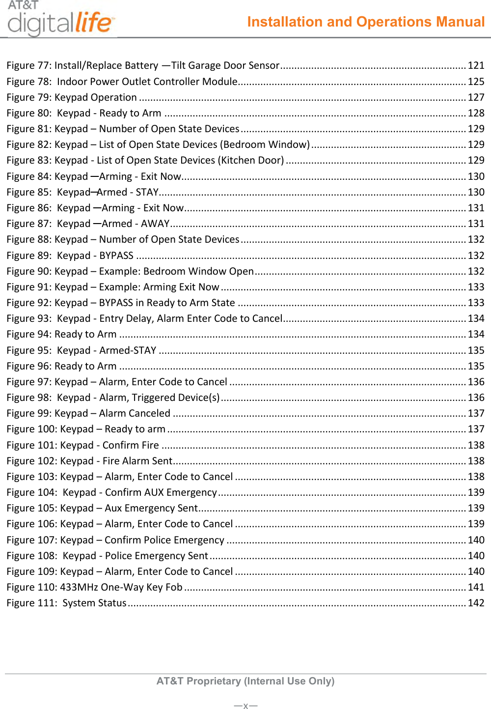  Installation and Operations Manual  AT&amp;T Proprietary (Internal Use Only)       —x— Figure 77: Install/Replace Battery —Tilt Garage Door Sensor .................................................................. 121 Figure 78:  Indoor Power Outlet Controller Module................................................................................. 125 Figure 79: Keypad Operation .................................................................................................................... 127 Figure 80:  Keypad - Ready to Arm ........................................................................................................... 128 Figure 81: Keypad – Number of Open State Devices ................................................................................ 129 Figure 82: Keypad – List of Open State Devices (Bedroom Window) ....................................................... 129 Figure 83: Keypad - List of Open State Devices (Kitchen Door) ................................................................ 129 Figure 84: Keypad ─ Arming - Exit Now..................................................................................................... 130 Figure 85:  Keypad─Armed - STAY ............................................................................................................. 130 Figure 86:  Keypad ─ Arming - Exit Now .................................................................................................... 131 Figure 87:  Keypad ─ Armed - AWAY ......................................................................................................... 131 Figure 88: Keypad – Number of Open State Devices ................................................................................ 132 Figure 89:  Keypad - BYPASS ..................................................................................................................... 132 Figure 90: Keypad – Example: Bedroom Window Open ........................................................................... 132 Figure 91: Keypad – Example: Arming Exit Now ....................................................................................... 133 Figure 92: Keypad – BYPASS in Ready to Arm State ................................................................................. 133 Figure 93:  Keypad - Entry Delay, Alarm Enter Code to Cancel ................................................................. 134 Figure 94: Ready to Arm ........................................................................................................................... 134 Figure 95:  Keypad - Armed-STAY ............................................................................................................. 135 Figure 96: Ready to Arm ........................................................................................................................... 135 Figure 97: Keypad – Alarm, Enter Code to Cancel .................................................................................... 136 Figure 98:  Keypad - Alarm, Triggered Device(s) ....................................................................................... 136 Figure 99: Keypad – Alarm Canceled ........................................................................................................ 137 Figure 100: Keypad – Ready to arm .......................................................................................................... 137 Figure 101: Keypad - Confirm Fire ............................................................................................................ 138 Figure 102: Keypad - Fire Alarm Sent ........................................................................................................ 138 Figure 103: Keypad – Alarm, Enter Code to Cancel .................................................................................. 138 Figure 104:  Keypad - Confirm AUX Emergency ........................................................................................ 139 Figure 105: Keypad – Aux Emergency Sent ............................................................................................... 139 Figure 106: Keypad – Alarm, Enter Code to Cancel .................................................................................. 139 Figure 107: Keypad – Confirm Police Emergency ..................................................................................... 140 Figure 108:  Keypad - Police Emergency Sent ........................................................................................... 140 Figure 109: Keypad – Alarm, Enter Code to Cancel .................................................................................. 140 Figure 110: 433MHz One-Way Key Fob .................................................................................................... 141 Figure 111:  System Status ........................................................................................................................ 142 