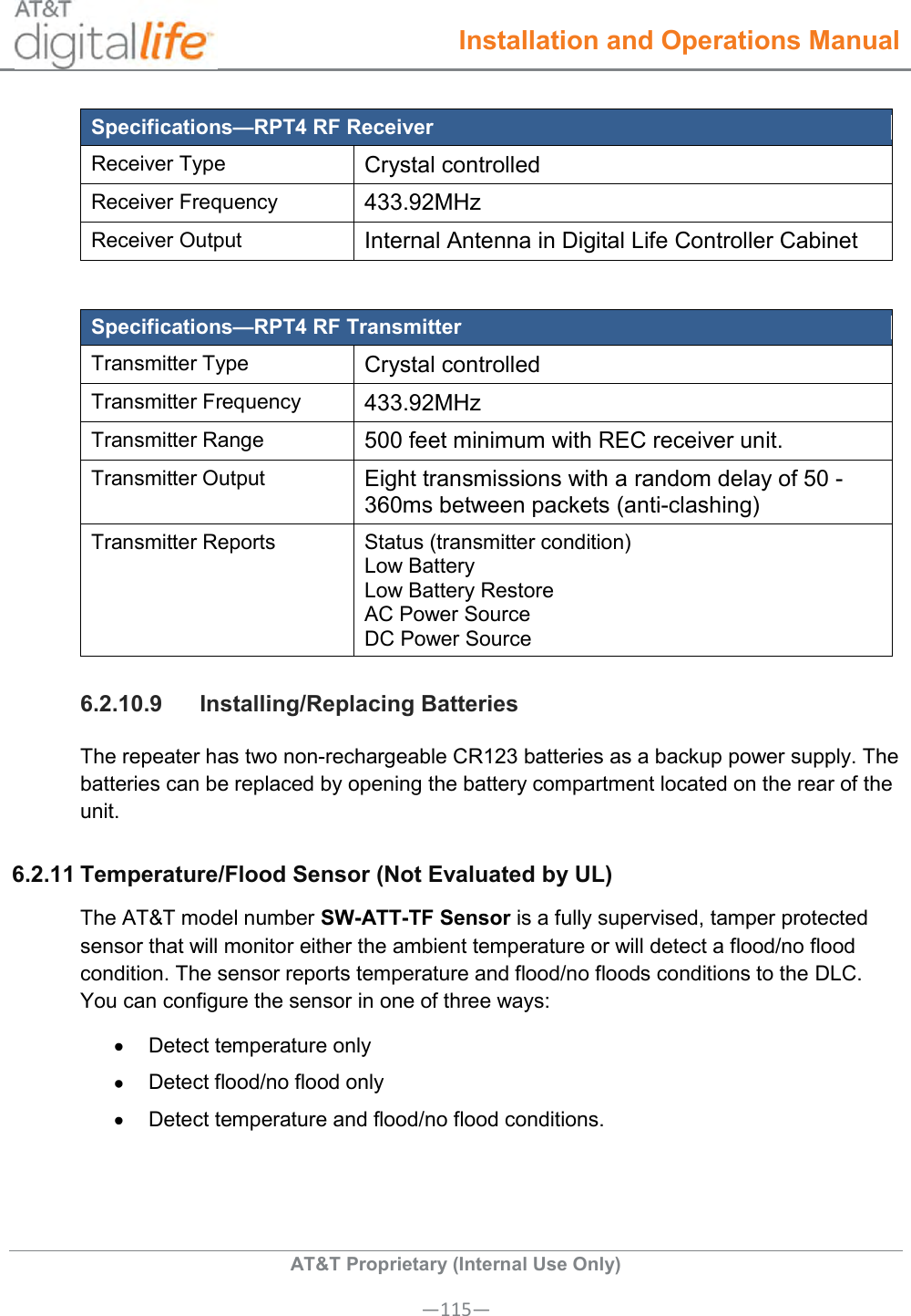  Installation and Operations Manual  AT&amp;T Proprietary (Internal Use Only) —115— Specifications—RPT4 RF Receiver Receiver Type Crystal controlled Receiver Frequency 433.92MHz  Receiver Output Internal Antenna in Digital Life Controller Cabinet  Specifications—RPT4 RF Transmitter Transmitter Type Crystal controlled Transmitter Frequency 433.92MHz  Transmitter Range 500 feet minimum with REC receiver unit. Transmitter Output Eight transmissions with a random delay of 50 - 360ms between packets (anti-clashing) Transmitter Reports Status (transmitter condition) Low Battery Low Battery Restore AC Power Source DC Power Source 6.2.10.9  Installing/Replacing Batteries The repeater has two non-rechargeable CR123 batteries as a backup power supply. The batteries can be replaced by opening the battery compartment located on the rear of the unit. 6.2.11 Temperature/Flood Sensor (Not Evaluated by UL) The AT&amp;T model number SW-ATT-TF Sensor is a fully supervised, tamper protected sensor that will monitor either the ambient temperature or will detect a flood/no flood condition. The sensor reports temperature and flood/no floods conditions to the DLC. You can configure the sensor in one of three ways:   Detect temperature only   Detect flood/no flood only   Detect temperature and flood/no flood conditions. 