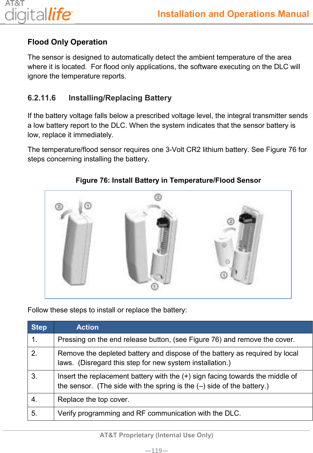  Installation and Operations Manual  AT&amp;T Proprietary (Internal Use Only) —119— Flood Only Operation The sensor is designed to automatically detect the ambient temperature of the area where it is located.  For flood only applications, the software executing on the DLC will ignore the temperature reports. 6.2.11.6  Installing/Replacing Battery If the battery voltage falls below a prescribed voltage level, the integral transmitter sends a low battery report to the DLC. When the system indicates that the sensor battery is low, replace it immediately. The temperature/flood sensor requires one 3-Volt CR2 lithium battery. See Figure 76 for steps concerning installing the battery. Figure 76: Install Battery in Temperature/Flood Sensor  Follow these steps to install or replace the battery: Step Action 1.   Pressing on the end release button, (see Figure 76) and remove the cover.  2.   Remove the depleted battery and dispose of the battery as required by local laws.  (Disregard this step for new system installation.) 3.   Insert the replacement battery with the (+) sign facing towards the middle of the sensor.  (The side with the spring is the (–) side of the battery.) 4.   Replace the top cover. 5. Verify programming and RF communication with the DLC. 