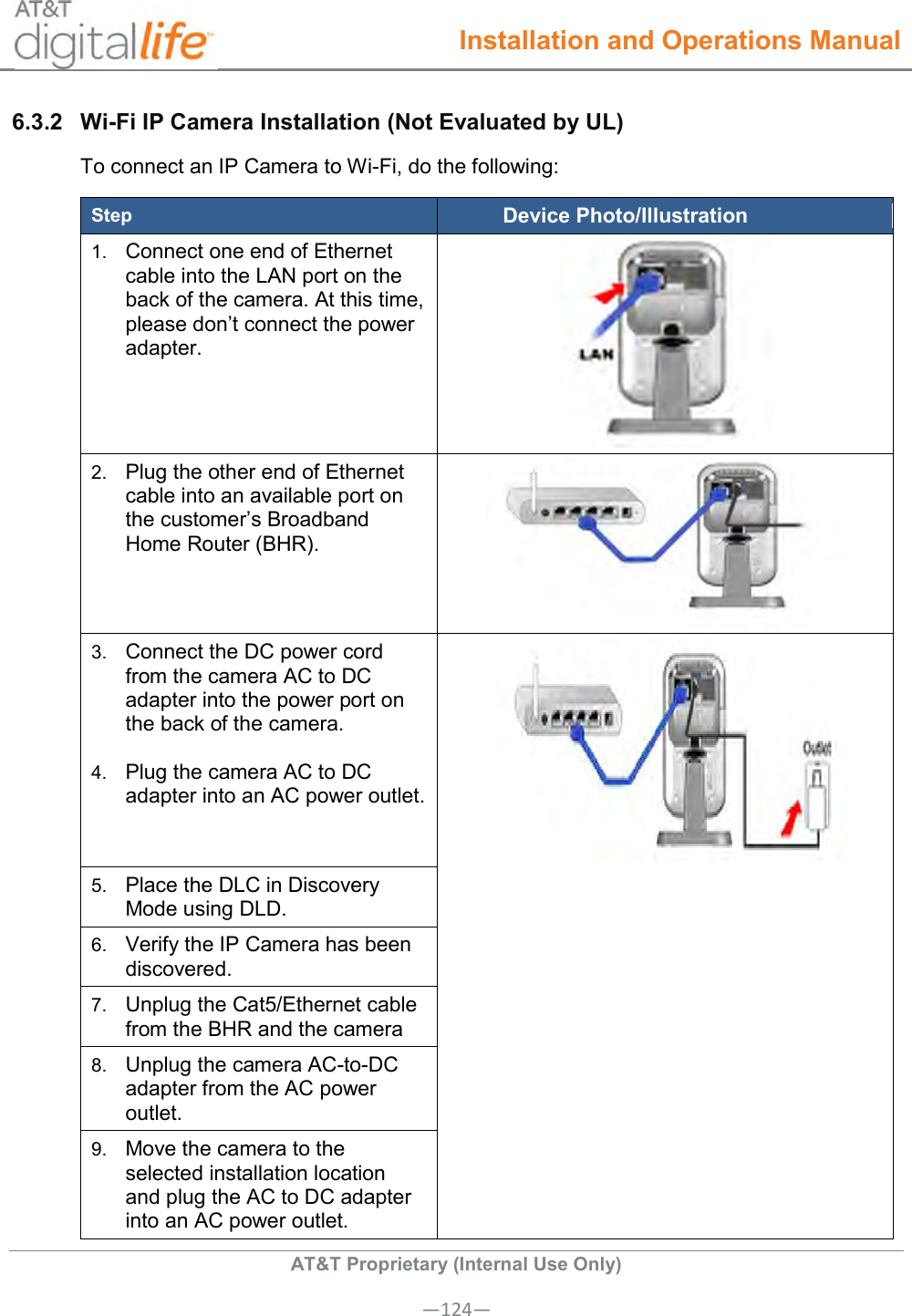  Installation and Operations Manual  AT&amp;T Proprietary (Internal Use Only) —124— 6.3.2  Wi-Fi IP Camera Installation (Not Evaluated by UL) To connect an IP Camera to Wi-Fi, do the following: Step Device Photo/Illustration 1. Connect one end of Ethernet cable into the LAN port on the back of the camera. At this time, please don’t connect the power adapter.      2. Plug the other end of Ethernet cable into an available port on the customer’s Broadband Home Router (BHR).   3. Connect the DC power cord from the camera AC to DC adapter into the power port on the back of the camera.  4. Plug the camera AC to DC adapter into an AC power outlet.   5. Place the DLC in Discovery Mode using DLD.  6. Verify the IP Camera has been discovered.  7. Unplug the Cat5/Ethernet cable from the BHR and the camera  8. Unplug the camera AC-to-DC adapter from the AC power outlet.  9. Move the camera to the selected installation location and plug the AC to DC adapter into an AC power outlet.  