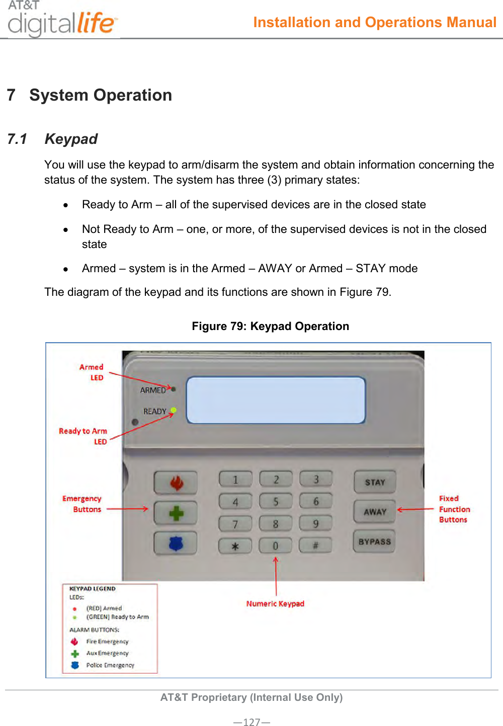  Installation and Operations Manual  AT&amp;T Proprietary (Internal Use Only) —127— 7  System Operation 7.1  Keypad  You will use the keypad to arm/disarm the system and obtain information concerning the status of the system. The system has three (3) primary states:   Ready to Arm – all of the supervised devices are in the closed state   Not Ready to Arm – one, or more, of the supervised devices is not in the closed state   Armed – system is in the Armed – AWAY or Armed – STAY mode The diagram of the keypad and its functions are shown in Figure 79. Figure 79: Keypad Operation  