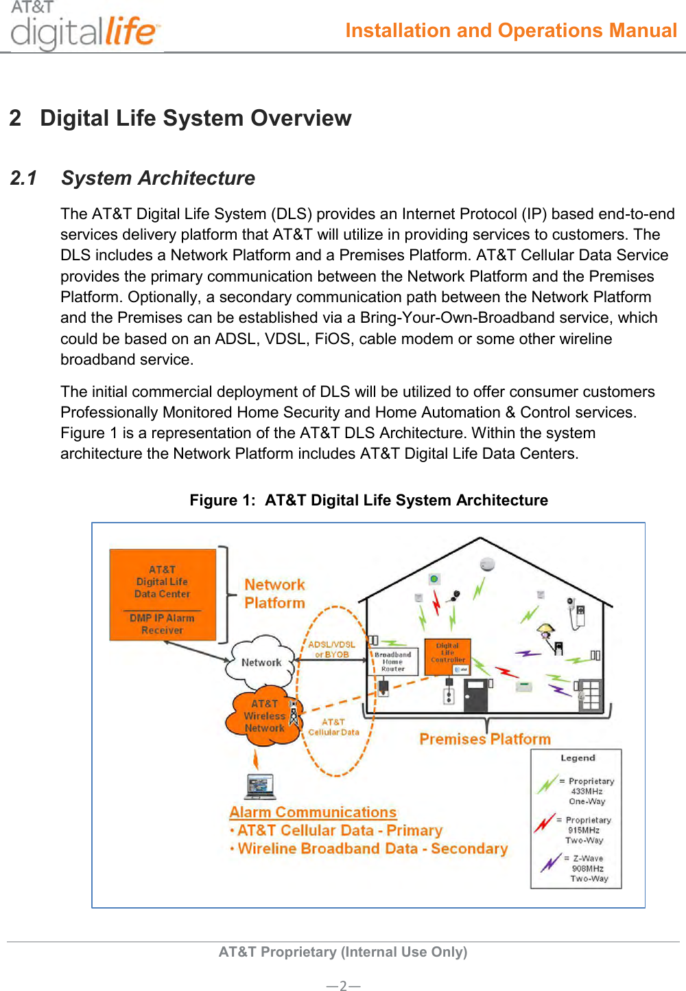  Installation and Operations Manual  AT&amp;T Proprietary (Internal Use Only) —2— 2  Digital Life System Overview 2.1  System Architecture The AT&amp;T Digital Life System (DLS) provides an Internet Protocol (IP) based end-to-end services delivery platform that AT&amp;T will utilize in providing services to customers. The DLS includes a Network Platform and a Premises Platform. AT&amp;T Cellular Data Service provides the primary communication between the Network Platform and the Premises Platform. Optionally, a secondary communication path between the Network Platform and the Premises can be established via a Bring-Your-Own-Broadband service, which could be based on an ADSL, VDSL, FiOS, cable modem or some other wireline broadband service.  The initial commercial deployment of DLS will be utilized to offer consumer customers Professionally Monitored Home Security and Home Automation &amp; Control services. Figure 1 is a representation of the AT&amp;T DLS Architecture. Within the system architecture the Network Platform includes AT&amp;T Digital Life Data Centers.  Figure 1:  AT&amp;T Digital Life System Architecture  