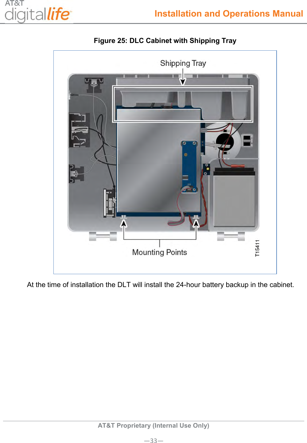  Installation and Operations Manual  AT&amp;T Proprietary (Internal Use Only) —33— Figure 25: DLC Cabinet with Shipping Tray  At the time of installation the DLT will install the 24-hour battery backup in the cabinet.  