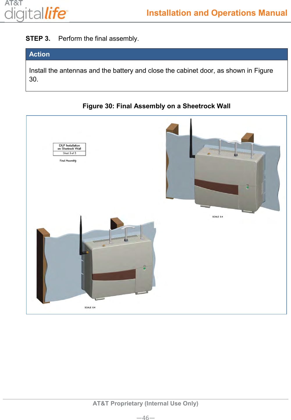  Installation and Operations Manual  AT&amp;T Proprietary (Internal Use Only) —46— STEP 3.  Perform the final assembly. Action Install the antennas and the battery and close the cabinet door, as shown in Figure 30. Figure 30: Final Assembly on a Sheetrock Wall     