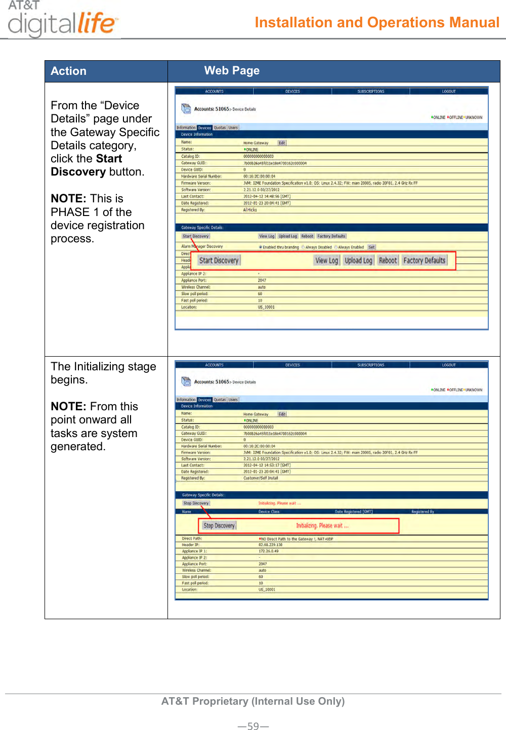  Installation and Operations Manual  AT&amp;T Proprietary (Internal Use Only) —59— Action Web Page  From the “Device Details” page under the Gateway Specific Details category, click the Start Discovery button.  NOTE: This is  PHASE 1 of the device registration process.    The Initializing stage begins.  NOTE: From this point onward all tasks are system generated.   