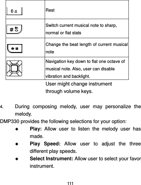  111   Rest  Switch current musical note to sharp, normal or flat stats  Change the beat length of current musical note    Navigation key down to flat one octave of musical note. Also, user can disable vibration and backlight.      User might change instrument through volume keys.  4. During  composing  melody,  user  may  personalize  the melody. DMP330 provides the following selections for your option:  Play:  Allow  user  to  listen  the  melody  user  has made.  Play  Speed:  Allow  user  to  adjust  the  three different play speeds.  Select Instrument: Allow user to select your favor instrument. 