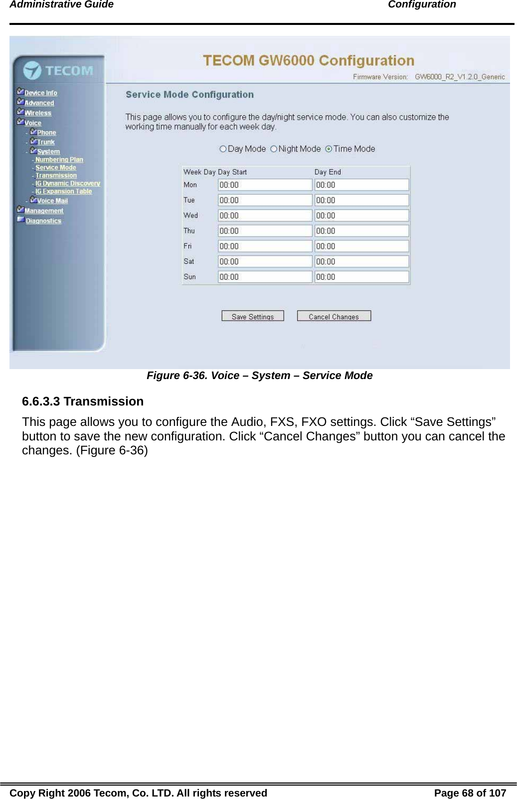 Administrative Guide                                                                                               Configuration  Figure 6-36. Voice – System – Service Mode 6.6.3.3 Transmission This page allows you to configure the Audio, FXS, FXO settings. Click “Save Settings” button to save the new configuration. Click “Cancel Changes” button you can cancel the changes. (Figure 6-36) Copy Right 2006 Tecom, Co. LTD. All rights reserved  Page 68 of 107 