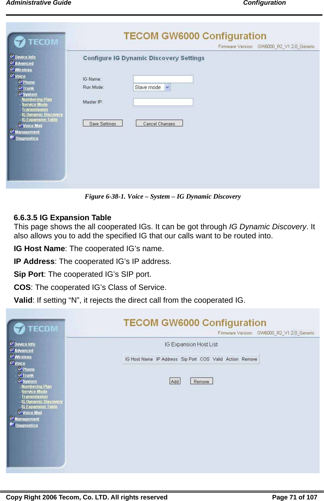 Administrative Guide                                                                                               Configuration  Figure 6-38-1. Voice – System – IG Dynamic Discovery  6.6.3.5 IG Expansion Table This page shows the all cooperated IGs. It can be got through IG Dynamic Discovery. It also allows you to add the specified IG that our calls want to be routed into. IG Host Name: The cooperated IG’s name. IP Address: The cooperated IG’s IP address. Sip Port: The cooperated IG’s SIP port. COS: The cooperated IG’s Class of Service. Valid: If setting “N”, it rejects the direct call from the cooperated IG.  Copy Right 2006 Tecom, Co. LTD. All rights reserved  Page 71 of 107 