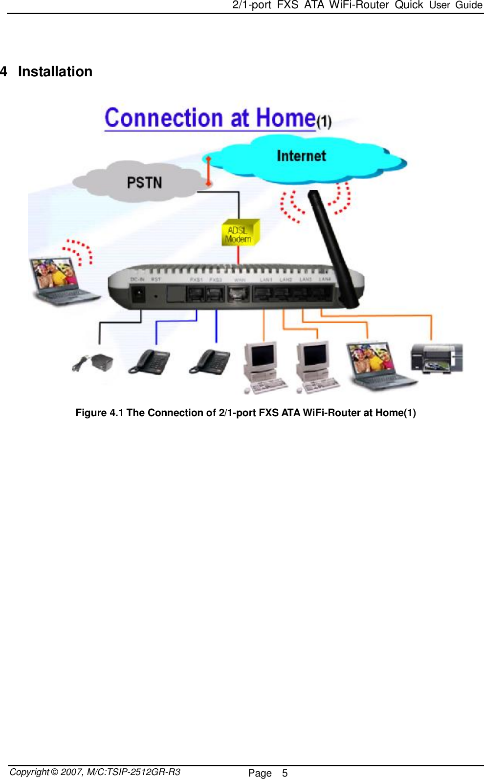  2/1-port FXS ATA WiFi-Router Quick User Guide  Copyright © 2007, M/C:TSIP-2512GR-R3  Page  5        4 Installation     Figure 4.1 The Connection of 2/1-port FXS ATA WiFi-Router at Home(1)   
