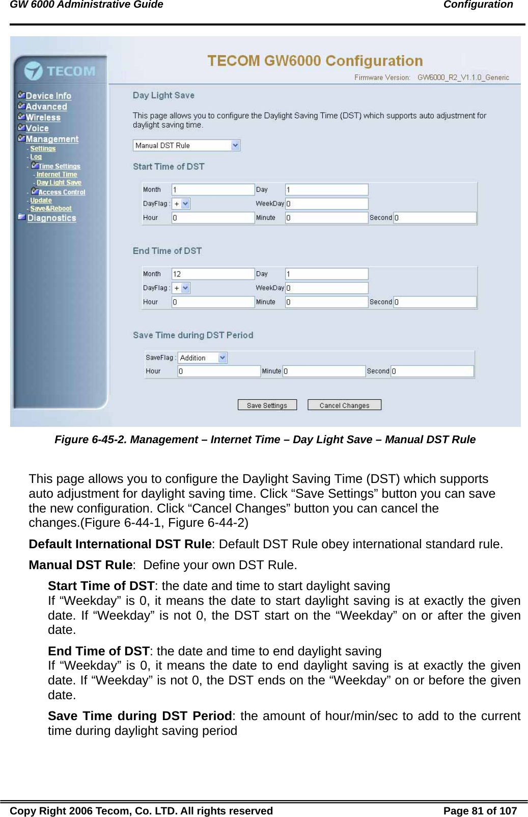 GW 6000 Administrative Guide                                                                                               Configuration  Figure 6-45-2. Management – Internet Time – Day Light Save – Manual DST Rule  This page allows you to configure the Daylight Saving Time (DST) which supports auto adjustment for daylight saving time. Click “Save Settings” button you can save the new configuration. Click “Cancel Changes” button you can cancel the changes.(Figure 6-44-1, Figure 6-44-2) Default International DST Rule: Default DST Rule obey international standard rule. Manual DST Rule:  Define your own DST Rule. Start Time of DST: the date and time to start daylight saving If “Weekday” is 0, it means the date to start daylight saving is at exactly the given date. If “Weekday” is not 0, the DST start on the “Weekday” on or after the given date. End Time of DST: the date and time to end daylight saving If “Weekday” is 0, it means the date to end daylight saving is at exactly the given date. If “Weekday” is not 0, the DST ends on the “Weekday” on or before the given date. Save Time during DST Period: the amount of hour/min/sec to add to the current time during daylight saving period Copy Right 2006 Tecom, Co. LTD. All rights reserved  Page 81 of 107 