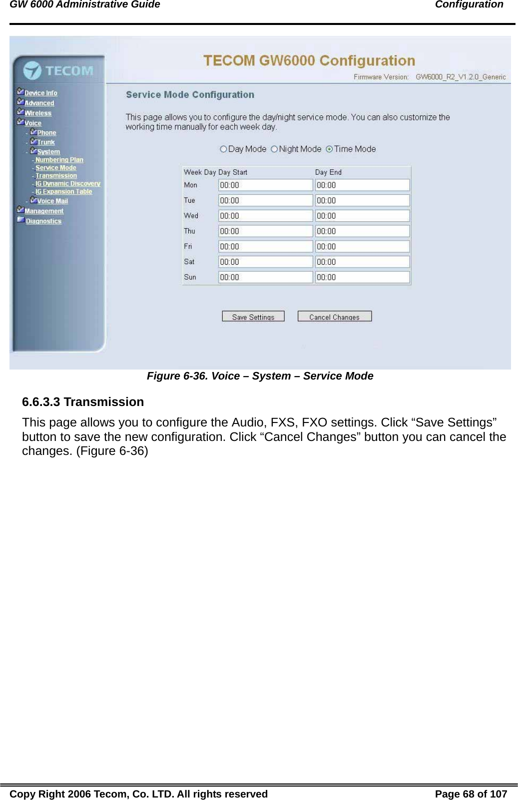 GW 6000 Administrative Guide                                                                                               Configuration  Figure 6-36. Voice – System – Service Mode 6.6.3.3 Transmission This page allows you to configure the Audio, FXS, FXO settings. Click “Save Settings” button to save the new configuration. Click “Cancel Changes” button you can cancel the changes. (Figure 6-36) Copy Right 2006 Tecom, Co. LTD. All rights reserved  Page 68 of 107 