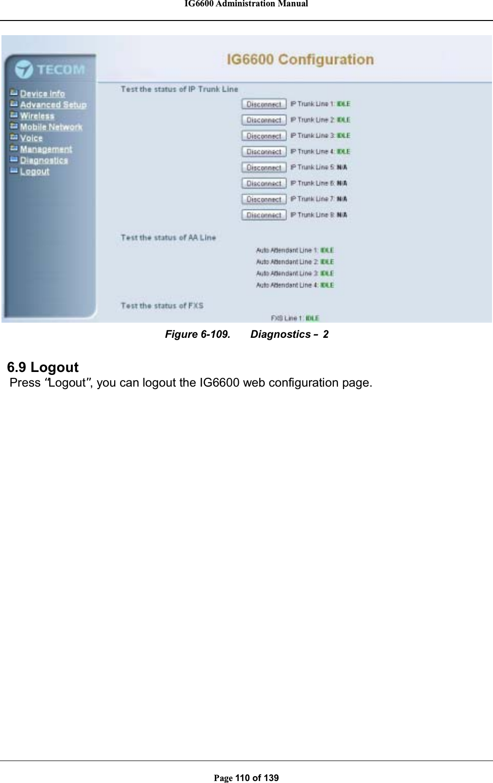 IG6600 Administration ManualPage 110 of 139Figure 6-109. Diagnostics –26.9 LogoutPress “Logout”, you can logout the IG6600 web configuration page.