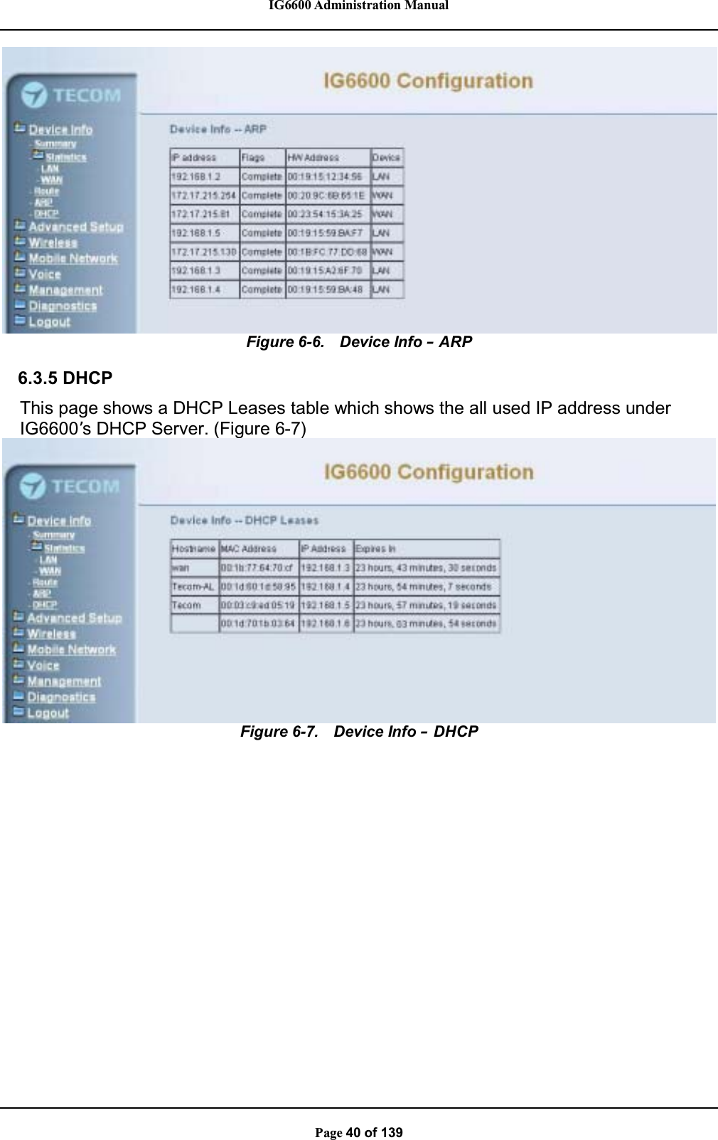 IG6600 Administration ManualPage 40 of 139Figure 6-6. Device Info –ARP6.3.5 DHCPThis page shows a DHCP Leases table which shows the all used IP address underIG6600’s DHCP Server. (Figure 6-7)Figure 6-7. Device Info –DHCP