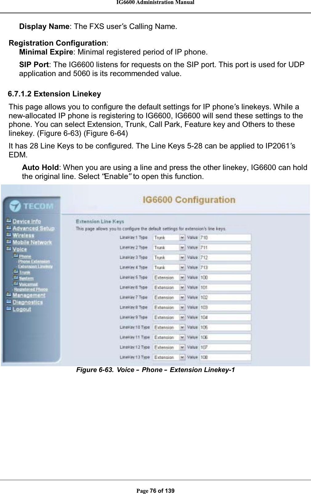 IG6600 Administration ManualPage 76 of 139Display Name: The FXS user’sCallingName.Registration Configuration:Minimal Expire: Minimal registered period of IP phone.SIP Port: The IG6600 listens for requests on the SIP port. This port is used for UDPapplication and 5060 is its recommended value.6.7.1.2 Extension LinekeyThis page allows you to configure the default settings for IP phone’s linekeys. While anew-allocated IP phone is registering to IG6600, IG6600 will send these settings to thephone. You can select Extension, Trunk, Call Park, Feature key and Others to theselinekey. (Figure 6-63) (Figure 6-64)It has 28 Line Keys to be configured. The Line Keys 5-28 can be applied to IP2061’sEDM.Auto Hold: When you are using a line and press the other linekey, IG6600 can holdthe original line. Select “Enable”to open this function.Figure 6-63. Voice –Phone –Extension Linekey-1