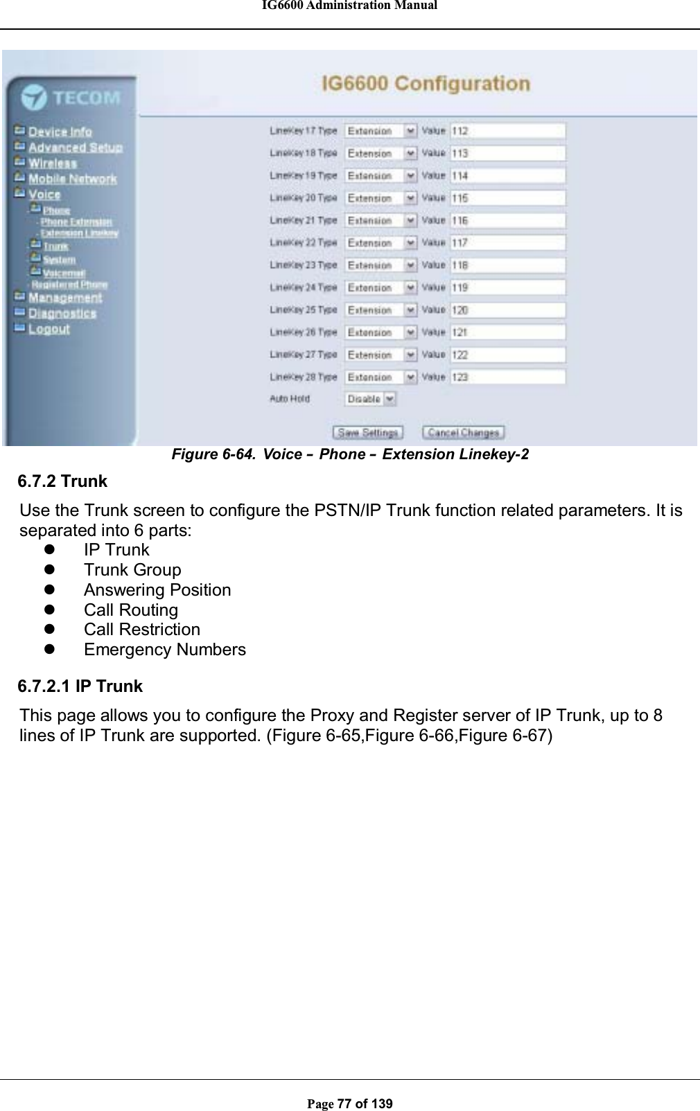 IG6600 Administration ManualPage 77 of 139Figure 6-64. Voice –Phone –Extension Linekey-26.7.2 TrunkUse the Trunk screen to configure the PSTN/IP Trunk function related parameters. It isseparated into 6 parts:zIP TrunkzTrunk GroupzAnswering PositionzCall RoutingzCall RestrictionzEmergency Numbers6.7.2.1 IP TrunkThis page allows you to configure the Proxy and Register server of IP Trunk, up to 8lines of IP Trunk are supported. (Figure 6-65,Figure 6-66,Figure 6-67)
