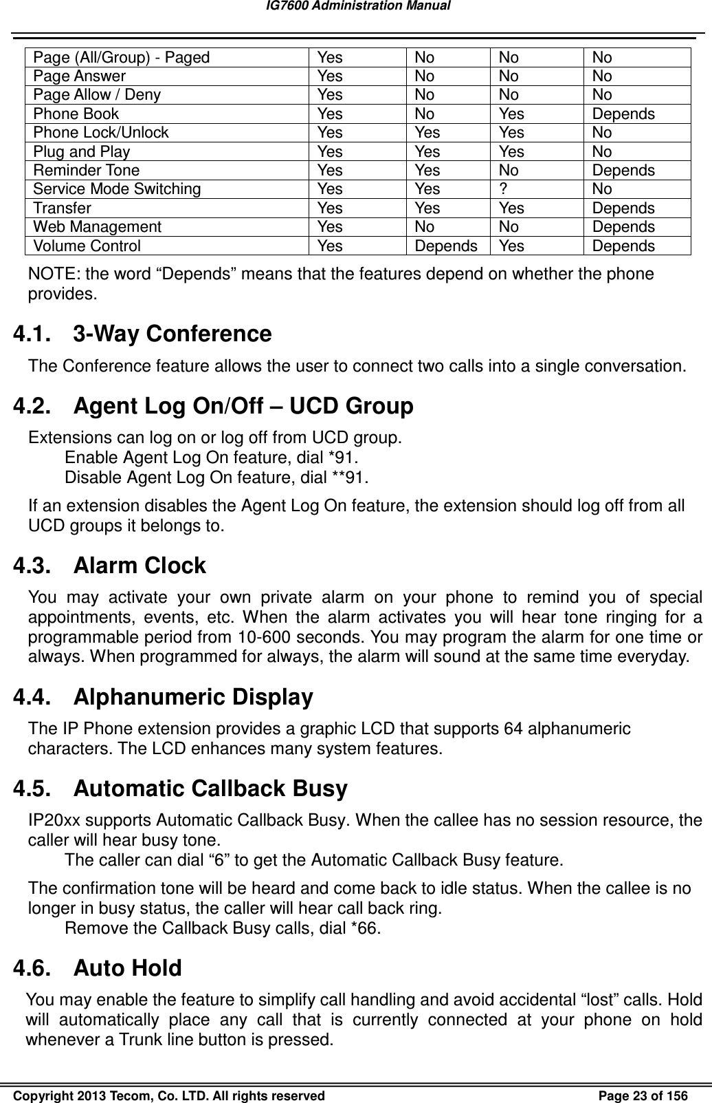 IG7600 Administration Manual                                                                                             Copyright 2013 Tecom, Co. LTD. All rights reserved  Page 23 of 156 Page (All/Group) - Paged  Yes  No  No  No Page Answer  Yes  No  No  No Page Allow / Deny  Yes  No  No  No Phone Book  Yes  No  Yes  Depends Phone Lock/Unlock  Yes  Yes  Yes  No Plug and Play  Yes  Yes  Yes  No Reminder Tone  Yes  Yes  No  Depends Service Mode Switching  Yes  Yes  ?  No Transfer  Yes  Yes  Yes  Depends Web Management  Yes  No  No  Depends Volume Control  Yes  Depends Yes  Depends NOTE: the word “Depends” means that the features depend on whether the phone provides. 4.1.  3-Way Conference The Conference feature allows the user to connect two calls into a single conversation. 4.2.  Agent Log On/Off – UCD Group Extensions can log on or log off from UCD group. Enable Agent Log On feature, dial *91. Disable Agent Log On feature, dial **91. If an extension disables the Agent Log On feature, the extension should log off from all UCD groups it belongs to. 4.3.  Alarm Clock You  may  activate  your  own  private  alarm  on  your  phone  to  remind  you  of  special appointments,  events,  etc.  When  the  alarm  activates  you  will  hear  tone  ringing  for  a programmable period from 10-600 seconds. You may program the alarm for one time or always. When programmed for always, the alarm will sound at the same time everyday. 4.4.  Alphanumeric Display The IP Phone extension provides a graphic LCD that supports 64 alphanumeric characters. The LCD enhances many system features. 4.5.  Automatic Callback Busy IP20xx supports Automatic Callback Busy. When the callee has no session resource, the caller will hear busy tone.   The caller can dial “6” to get the Automatic Callback Busy feature.   The confirmation tone will be heard and come back to idle status. When the callee is no longer in busy status, the caller will hear call back ring. Remove the Callback Busy calls, dial *66. 4.6.  Auto Hold You may enable the feature to simplify call handling and avoid accidental “lost” calls. Hold will  automatically  place  any  call  that  is  currently  connected  at  your  phone  on  hold whenever a Trunk line button is pressed. 