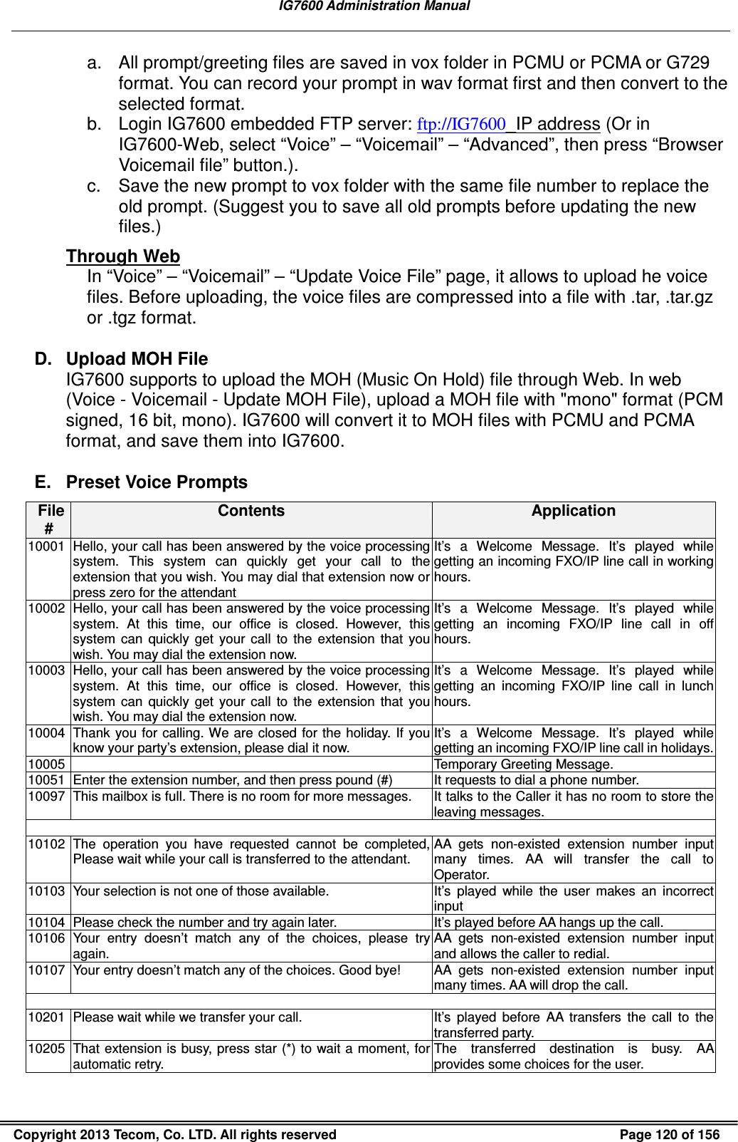   IG7600 Administration Manual  Copyright 2013 Tecom, Co. LTD. All rights reserved  Page 120 of 156 a.  All prompt/greeting files are saved in vox folder in PCMU or PCMA or G729 format. You can record your prompt in wav format first and then convert to the selected format.   b.  Login IG7600 embedded FTP server: ftp://IG7600_IP address (Or in IG7600-Web, select “Voice” – “Voicemail” – “Advanced”, then press “Browser Voicemail file” button.).   c.  Save the new prompt to vox folder with the same file number to replace the old prompt. (Suggest you to save all old prompts before updating the new files.) Through Web In “Voice” – “Voicemail” – “Update Voice File” page, it allows to upload he voice files. Before uploading, the voice files are compressed into a file with .tar, .tar.gz or .tgz format. D.  Upload MOH File IG7600 supports to upload the MOH (Music On Hold) file through Web. In web (Voice - Voicemail - Update MOH File), upload a MOH file with &quot;mono&quot; format (PCM signed, 16 bit, mono). IG7600 will convert it to MOH files with PCMU and PCMA format, and save them into IG7600. E.  Preset Voice Prompts File# Contents  Application 10001 Hello, your call has been answered by the voice processing system.  This  system  can  quickly  get  your  call  to  the extension that you wish. You may dial that extension now or press zero for the attendant It’s  a  Welcome  Message.  It’s  played  while getting an incoming FXO/IP line call in working hours. 10002 Hello, your call has been answered by the voice processing system.  At  this  time,  our  office  is  closed.  However,  this system  can  quickly  get  your  call  to  the  extension  that  you wish. You may dial the extension now.   It’s  a  Welcome  Message.  It’s  played  while getting  an  incoming  FXO/IP  line  call  in  off hours. 10003 Hello, your call has been answered by the voice processing system.  At  this  time,  our  office  is  closed.  However,  this system  can  quickly  get  your  call  to  the  extension  that  you wish. You may dial the extension now.   It’s  a  Welcome  Message.  It’s  played  while getting  an  incoming  FXO/IP  line  call  in  lunch hours. 10004 Thank you for calling. We are  closed for the holiday. If you know your party’s extension, please dial it now.   It’s  a  Welcome  Message.  It’s  played  while getting an incoming FXO/IP line call in holidays. 10005   Temporary Greeting Message. 10051 Enter the extension number, and then press pound (#)  It requests to dial a phone number. 10097 This mailbox is full. There is no room for more messages. It talks to the Caller it has no room to store the leaving messages.                                                                                                                                                                                       10102 The  operation  you  have  requested  cannot  be  completed,   Please wait while your call is transferred to the attendant. AA  gets  non-existed  extension  number  input many  times.  AA  will  transfer  the  call  to Operator. 10103 Your selection is not one of those available. It’s  played  while  the  user  makes  an  incorrect input 10104 Please check the number and try again later.  It’s played before AA hangs up the call. 10106 Your  entry  doesn’t  match  any  of  the  choices,  please  try again. AA  gets  non-existed  extension  number  input and allows the caller to redial. 10107 Your entry doesn’t match any of the choices. Good bye!  AA  gets  non-existed  extension  number  input many times. AA will drop the call.  10201 Please wait while we transfer your call. It’s  played  before  AA  transfers  the  call  to  the transferred party. 10205 That extension is busy, press star (*) to wait a moment, for automatic retry. The  transferred destination  is  busy.  AA provides some choices for the user. 