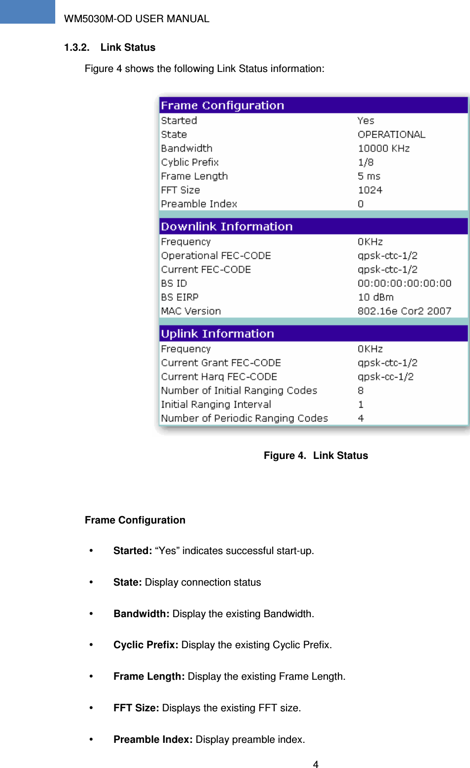 WM5030M-OD USER MANUAL 4    1.3.2.  Link Status Figure 4 shows the following Link Status information:  Figure 4.  Link Status  Frame Configuration  Started: “Yes” indicates successful start-up.  State: Display connection status  Bandwidth: Display the existing Bandwidth.  Cyclic Prefix: Display the existing Cyclic Prefix.  Frame Length: Display the existing Frame Length.  FFT Size: Displays the existing FFT size.  Preamble Index: Display preamble index. 