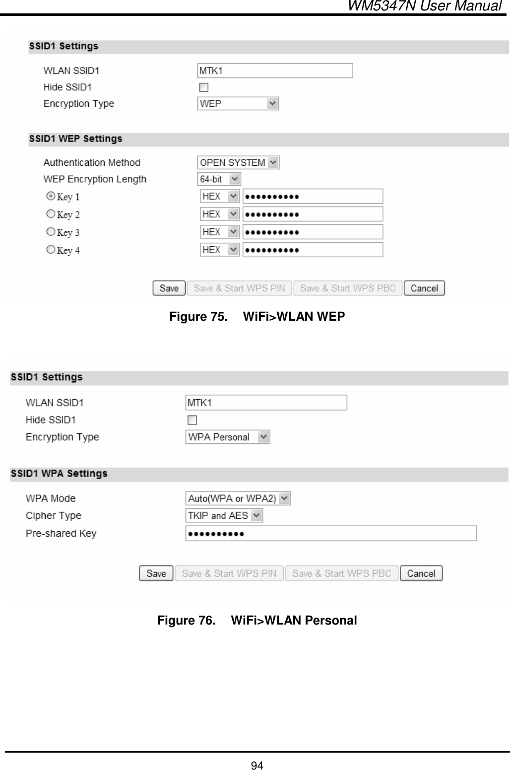  WM5347N User Manual  94  Figure 75.   WiFi&gt;WLAN WEP   Figure 76.   WiFi&gt;WLAN Personal  
