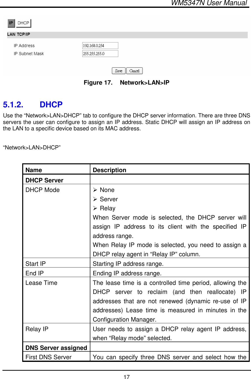  WM5347N User Manual  17  Figure 17.   Network&gt;LAN&gt;IP  5.1.2.  DHCP Use the “Network&gt;LAN&gt;DHCP” tab to configure the DHCP server information. There are three DNS servers the user can configure to assign an IP address. Static DHCP will assign an IP address on the LAN to a specific device based on its MAC address.  “Network&gt;LAN&gt;DHCP”  Name  Description DHCP Server   DHCP Mode   None  Server  Relay When  Server  mode  is  selected,  the  DHCP  server  will assign  IP  address  to  its  client  with  the  specified  IP address range. When Relay IP mode is selected, you need to assign a DHCP relay agent in “Relay IP” column. Start IP  Starting IP address range. End IP  Ending IP address range. Lease Time  The lease time is a controlled time period, allowing the DHCP  server  to  reclaim  (and  then  reallocate)  IP addresses  that are  not  renewed  (dynamic  re-use  of  IP addresses)  Lease  time  is  measured  in  minutes  in  the Configuration Manager. Relay IP  User needs to assign a DHCP relay agent  IP  address, when “Relay mode” selected. DNS Server assigned  First DNS Server  You  can  specify  three  DNS  server  and  select  how  the 
