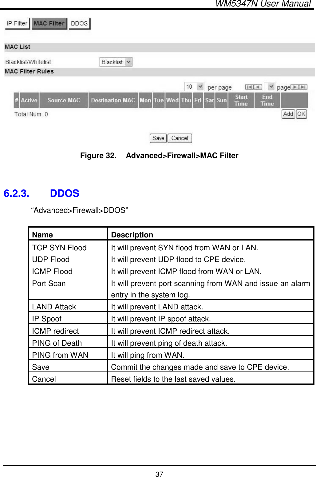  WM5347N User Manual  37  Figure 32.   Advanced&gt;Firewall&gt;MAC Filter   6.2.3.  DDOS “Advanced&gt;Firewall&gt;DDOS”  Name  Description TCP SYN Flood  It will prevent SYN flood from WAN or LAN. UDP Flood  It will prevent UDP flood to CPE device. ICMP Flood  It will prevent ICMP flood from WAN or LAN. Port Scan  It will prevent port scanning from WAN and issue an alarm entry in the system log. LAND Attack  It will prevent LAND attack. IP Spoof  It will prevent IP spoof attack. ICMP redirect  It will prevent ICMP redirect attack. PING of Death  It will prevent ping of death attack. PING from WAN  It will ping from WAN. Save  Commit the changes made and save to CPE device. Cancel  Reset fields to the last saved values.  