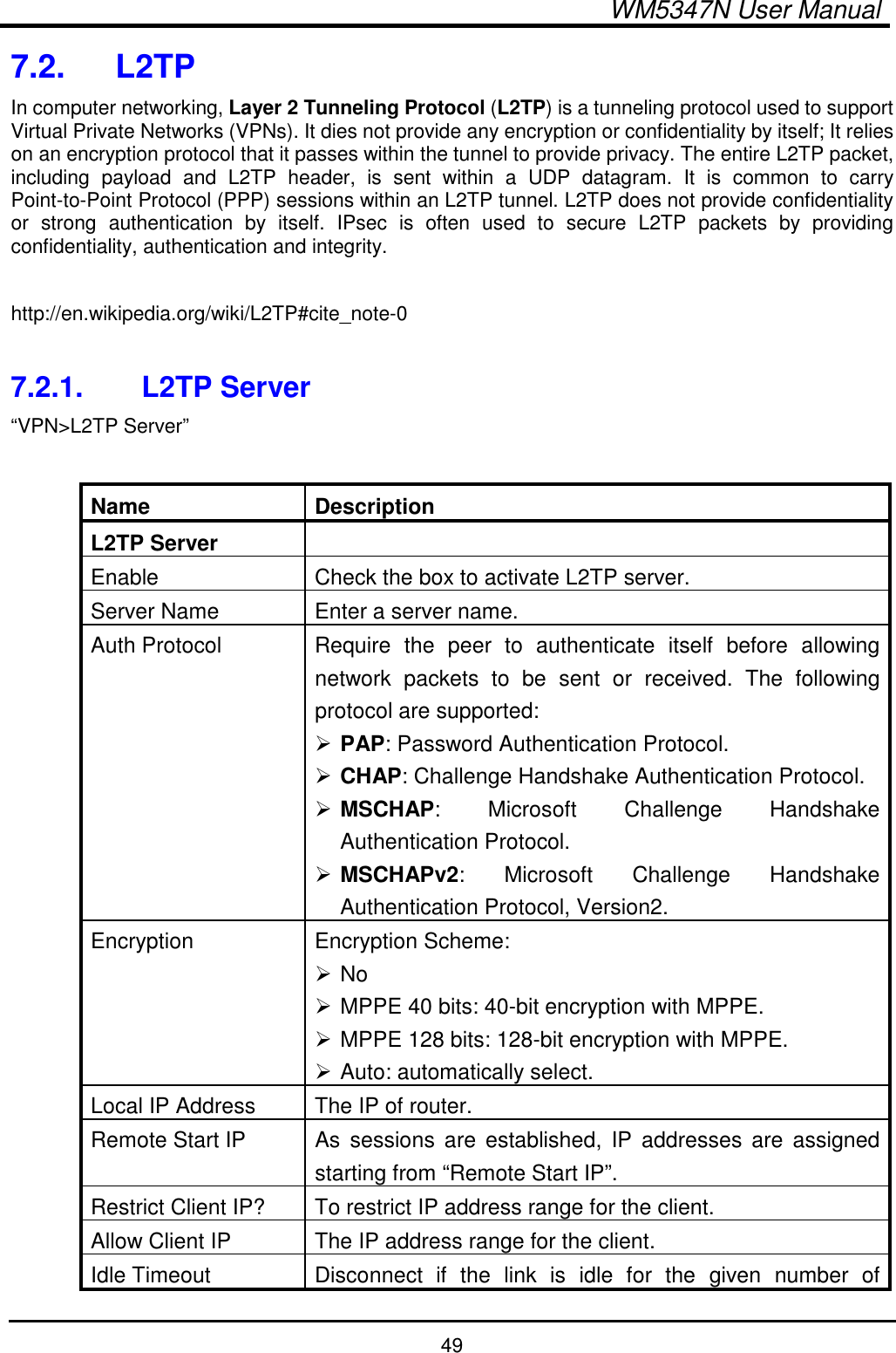  WM5347N User Manual  49 7.2.  L2TP In computer networking, Layer 2 Tunneling Protocol (L2TP) is a tunneling protocol used to support Virtual Private Networks (VPNs). It dies not provide any encryption or confidentiality by itself; It relies on an encryption protocol that it passes within the tunnel to provide privacy. The entire L2TP packet, including  payload  and  L2TP  header,  is  sent  within  a  UDP  datagram.  It  is  common  to  carry Point-to-Point Protocol (PPP) sessions within an L2TP tunnel. L2TP does not provide confidentiality or  strong  authentication  by  itself.  IPsec  is  often  used  to  secure  L2TP  packets  by  providing confidentiality, authentication and integrity.  http://en.wikipedia.org/wiki/L2TP#cite_note-0  7.2.1.  L2TP Server “VPN&gt;L2TP Server”  Name  Description L2TP Server   Enable  Check the box to activate L2TP server. Server Name  Enter a server name. Auth Protocol  Require  the  peer  to  authenticate  itself  before  allowing network  packets  to  be  sent  or  received.  The  following protocol are supported:  PAP: Password Authentication Protocol.  CHAP: Challenge Handshake Authentication Protocol.  MSCHAP:  Microsoft  Challenge  Handshake Authentication Protocol.  MSCHAPv2:  Microsoft  Challenge  Handshake Authentication Protocol, Version2. Encryption  Encryption Scheme:  No  MPPE 40 bits: 40-bit encryption with MPPE.  MPPE 128 bits: 128-bit encryption with MPPE.  Auto: automatically select. Local IP Address  The IP of router. Remote Start IP  As  sessions  are  established,  IP  addresses  are  assigned starting from “Remote Start IP”. Restrict Client IP?  To restrict IP address range for the client. Allow Client IP  The IP address range for the client. Idle Timeout  Disconnect  if  the  link  is  idle  for  the  given  number  of 
