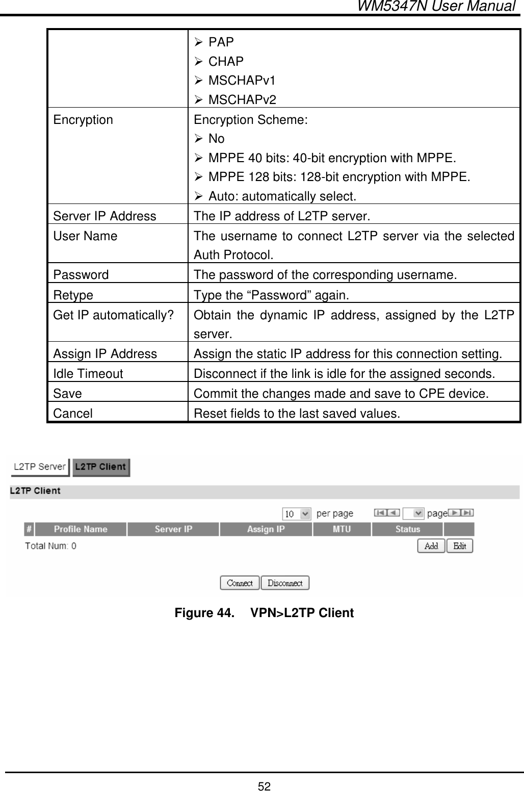  WM5347N User Manual  52  PAP  CHAP  MSCHAPv1  MSCHAPv2 Encryption  Encryption Scheme:  No  MPPE 40 bits: 40-bit encryption with MPPE.  MPPE 128 bits: 128-bit encryption with MPPE.  Auto: automatically select. Server IP Address  The IP address of L2TP server. User Name  The username to connect L2TP server via the selected Auth Protocol. Password  The password of the corresponding username. Retype  Type the “Password” again. Get IP automatically?  Obtain  the  dynamic  IP  address, assigned by  the  L2TP server. Assign IP Address  Assign the static IP address for this connection setting. Idle Timeout  Disconnect if the link is idle for the assigned seconds. Save  Commit the changes made and save to CPE device. Cancel  Reset fields to the last saved values.   Figure 44.   VPN&gt;L2TP Client  