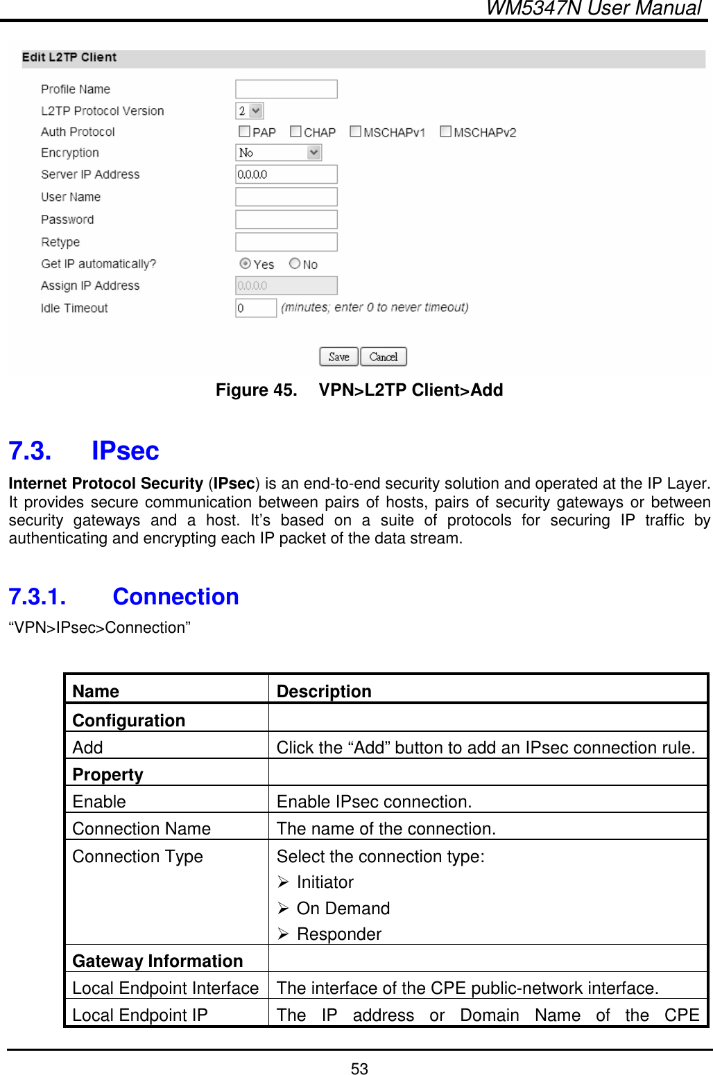  WM5347N User Manual  53  Figure 45.   VPN&gt;L2TP Client&gt;Add  7.3.  IPsec Internet Protocol Security (IPsec) is an end-to-end security solution and operated at the IP Layer. It provides secure communication between pairs of hosts, pairs of security gateways or between security  gateways  and  a  host.  It’s  based  on  a  suite  of  protocols  for  securing  IP  traffic  by authenticating and encrypting each IP packet of the data stream.  7.3.1.  Connection “VPN&gt;IPsec&gt;Connection”  Name  Description Configuration   Add  Click the “Add” button to add an IPsec connection rule. Property   Enable  Enable IPsec connection. Connection Name  The name of the connection. Connection Type  Select the connection type:  Initiator  On Demand  Responder Gateway Information   Local Endpoint Interface The interface of the CPE public-network interface. Local Endpoint IP  The  IP  address  or  Domain  Name  of  the  CPE 