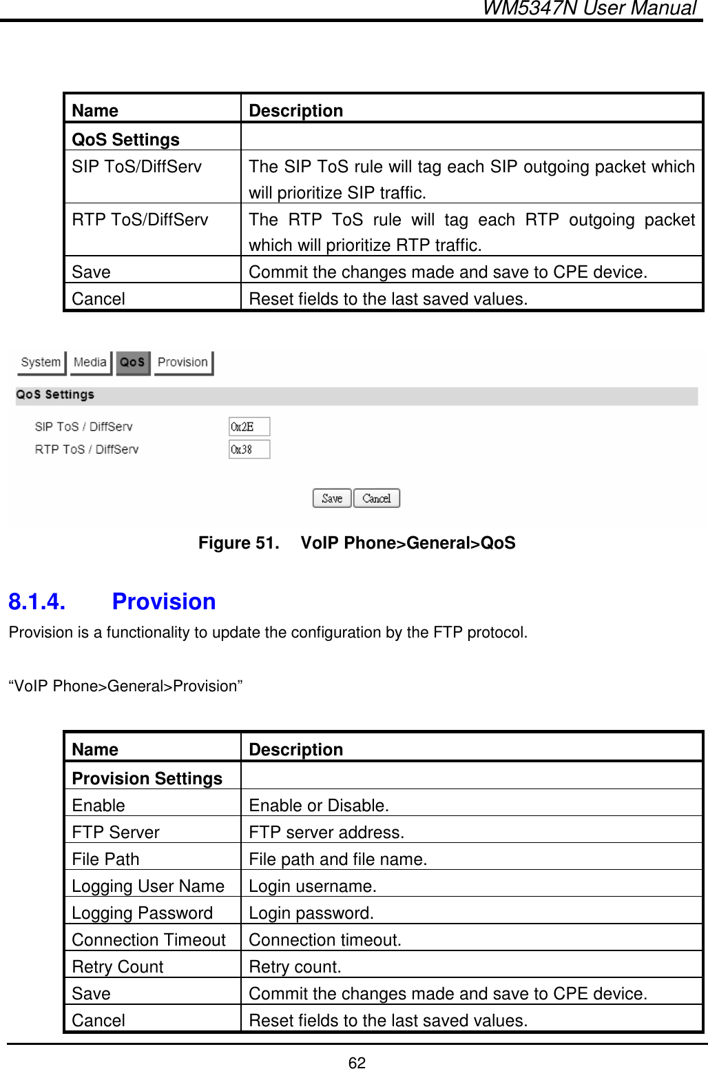  WM5347N User Manual  62   Name  Description QoS Settings   SIP ToS/DiffServ  The SIP ToS rule will tag each SIP outgoing packet which will prioritize SIP traffic. RTP ToS/DiffServ  The  RTP  ToS  rule  will  tag  each  RTP  outgoing  packet which will prioritize RTP traffic. Save  Commit the changes made and save to CPE device. Cancel  Reset fields to the last saved values.   Figure 51.   VoIP Phone&gt;General&gt;QoS  8.1.4.  Provision Provision is a functionality to update the configuration by the FTP protocol.  “VoIP Phone&gt;General&gt;Provision”  Name  Description Provision Settings   Enable  Enable or Disable. FTP Server  FTP server address. File Path  File path and file name. Logging User Name  Login username. Logging Password  Login password. Connection Timeout  Connection timeout. Retry Count  Retry count. Save  Commit the changes made and save to CPE device. Cancel  Reset fields to the last saved values. 