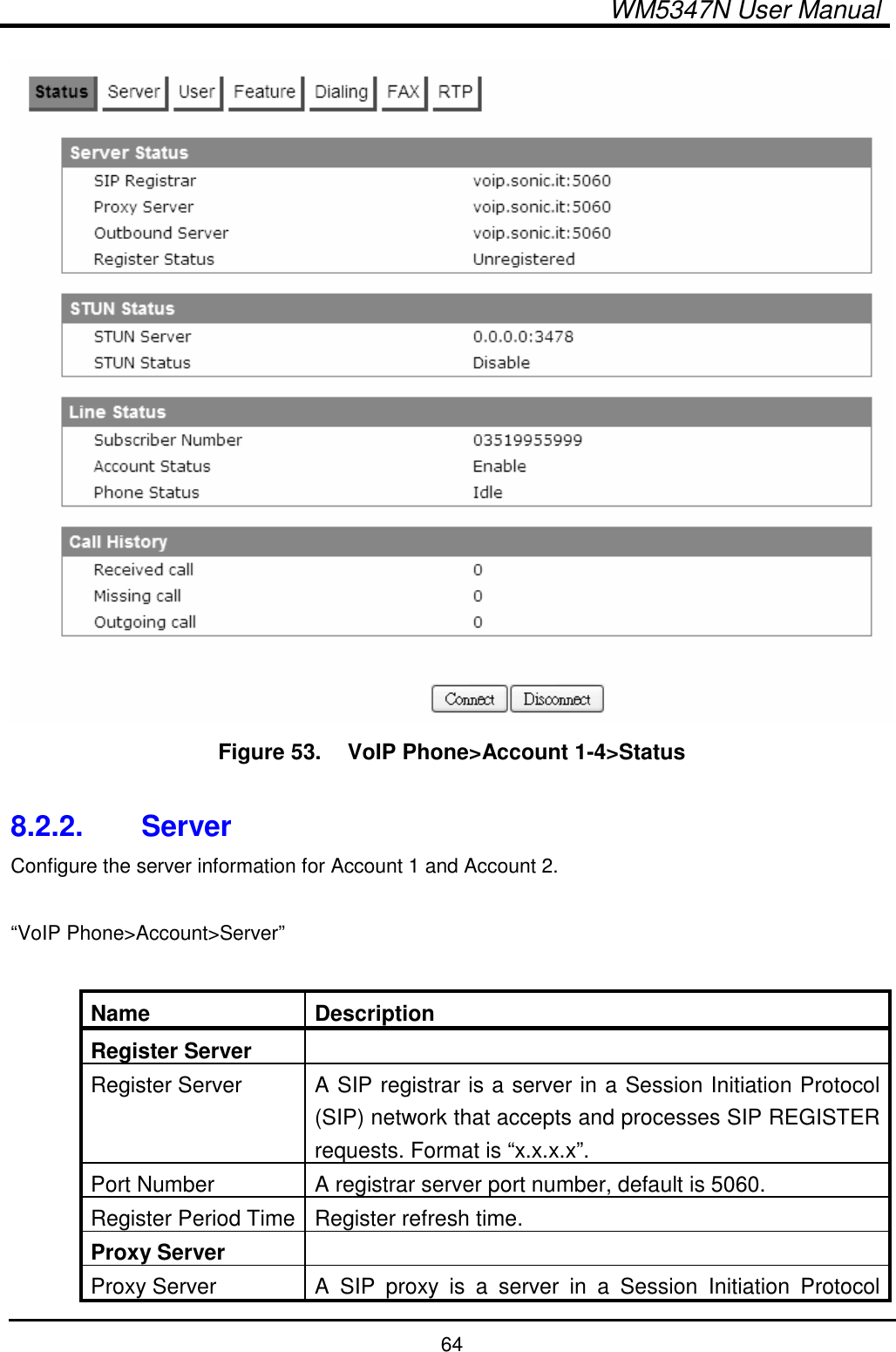  WM5347N User Manual  64  Figure 53.   VoIP Phone&gt;Account 1-4&gt;Status  8.2.2.  Server Configure the server information for Account 1 and Account 2.  “VoIP Phone&gt;Account&gt;Server”  Name  Description Register Server   Register Server  A SIP registrar is a server in a Session Initiation Protocol (SIP) network that accepts and processes SIP REGISTER requests. Format is “x.x.x.x”. Port Number  A registrar server port number, default is 5060. Register Period Time Register refresh time. Proxy Server   Proxy Server  A  SIP  proxy  is  a  server  in  a  Session  Initiation  Protocol 