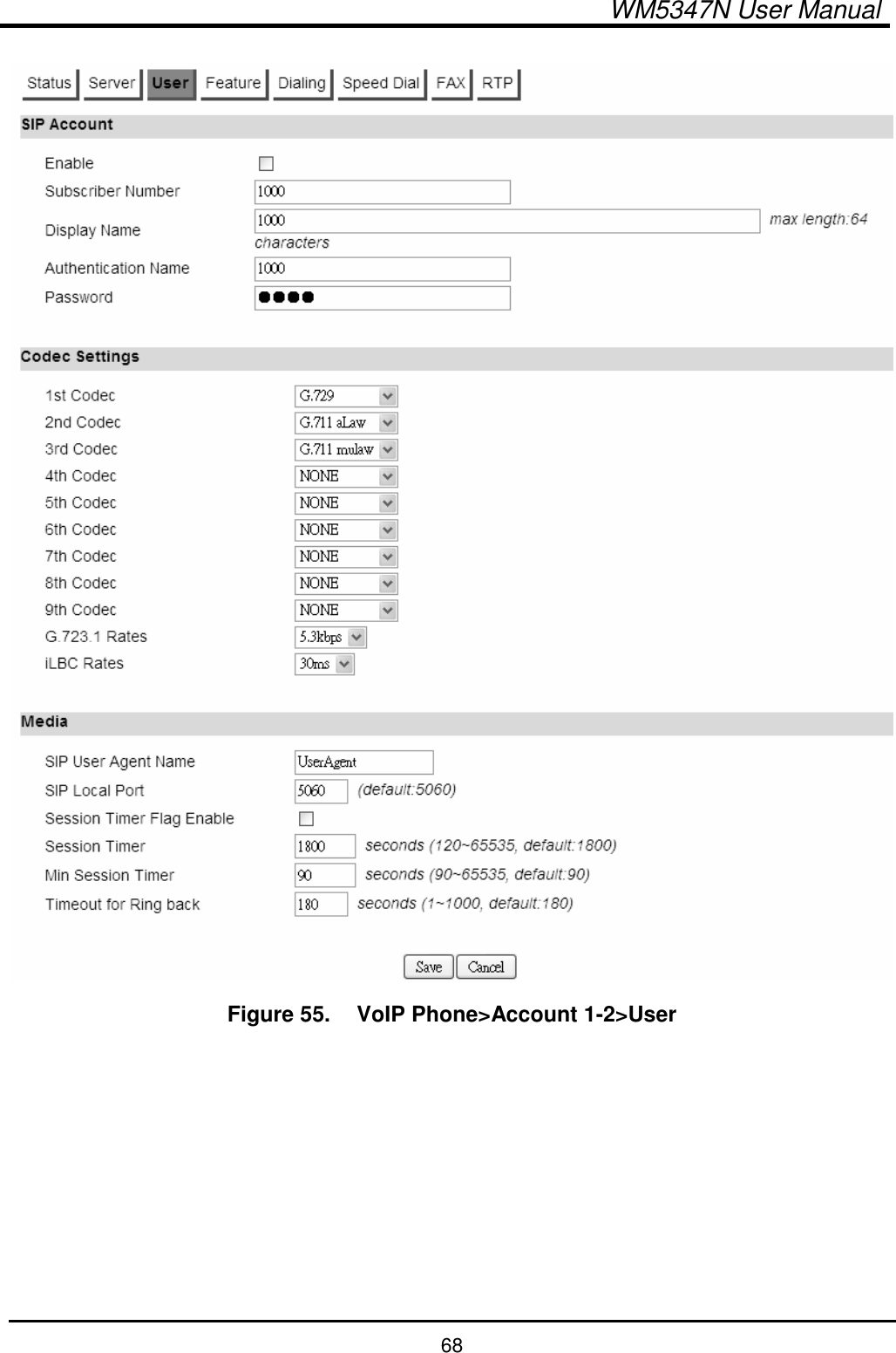  WM5347N User Manual  68  Figure 55.   VoIP Phone&gt;Account 1-2&gt;User         