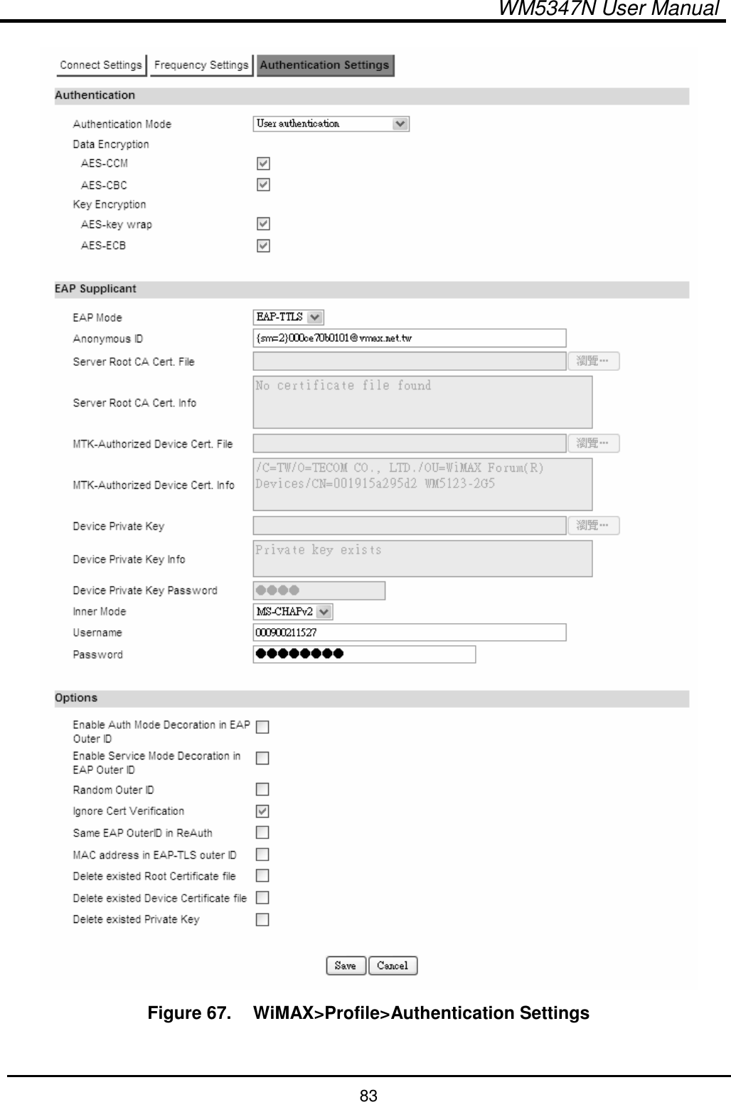  WM5347N User Manual  83  Figure 67.   WiMAX&gt;Profile&gt;Authentication Settings  