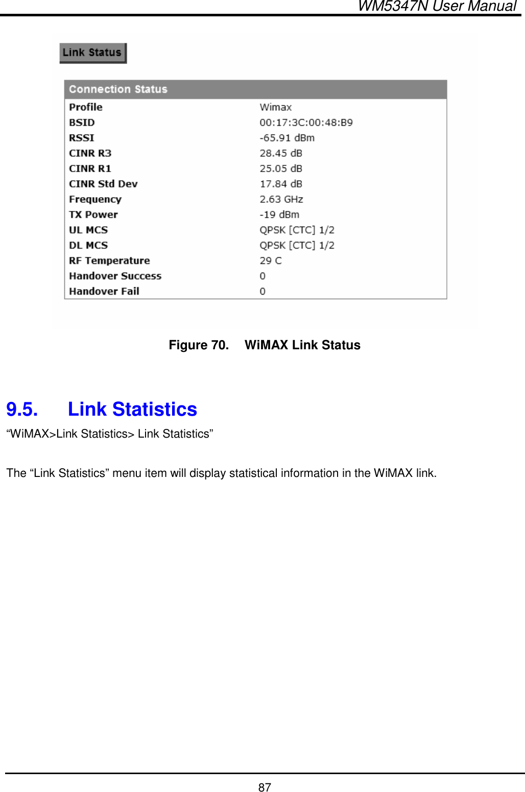  WM5347N User Manual  87  Figure 70.   WiMAX Link Status   9.5.  Link Statistics “WiMAX&gt;Link Statistics&gt; Link Statistics”  The “Link Statistics” menu item will display statistical information in the WiMAX link.  