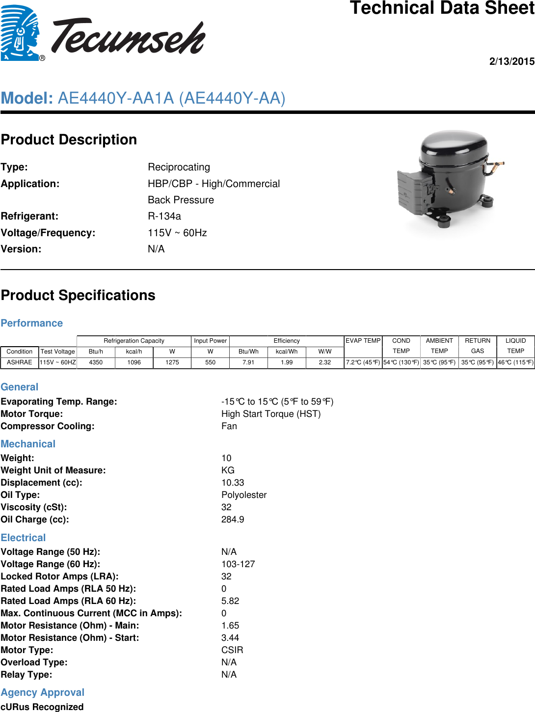 Page 1 of 1 - Tecumseh Tecumseh-Ae4440Y-Aa1A-Technical-Data-Sheet-  Tecumseh-ae4440y-aa1a-technical-data-sheet