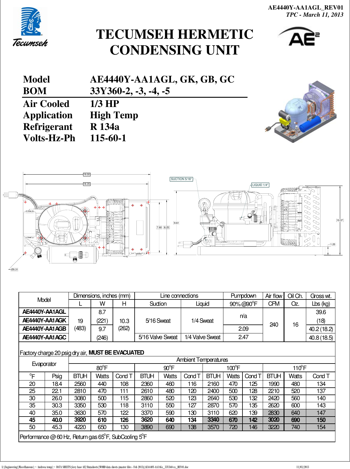 Page 1 of 2 - Tecumseh Tecumseh-Ae4440Y-Aa1Agb-Performance-Data-Sheet AE4440Y-AA1AGx_33Y360-xx_REV01